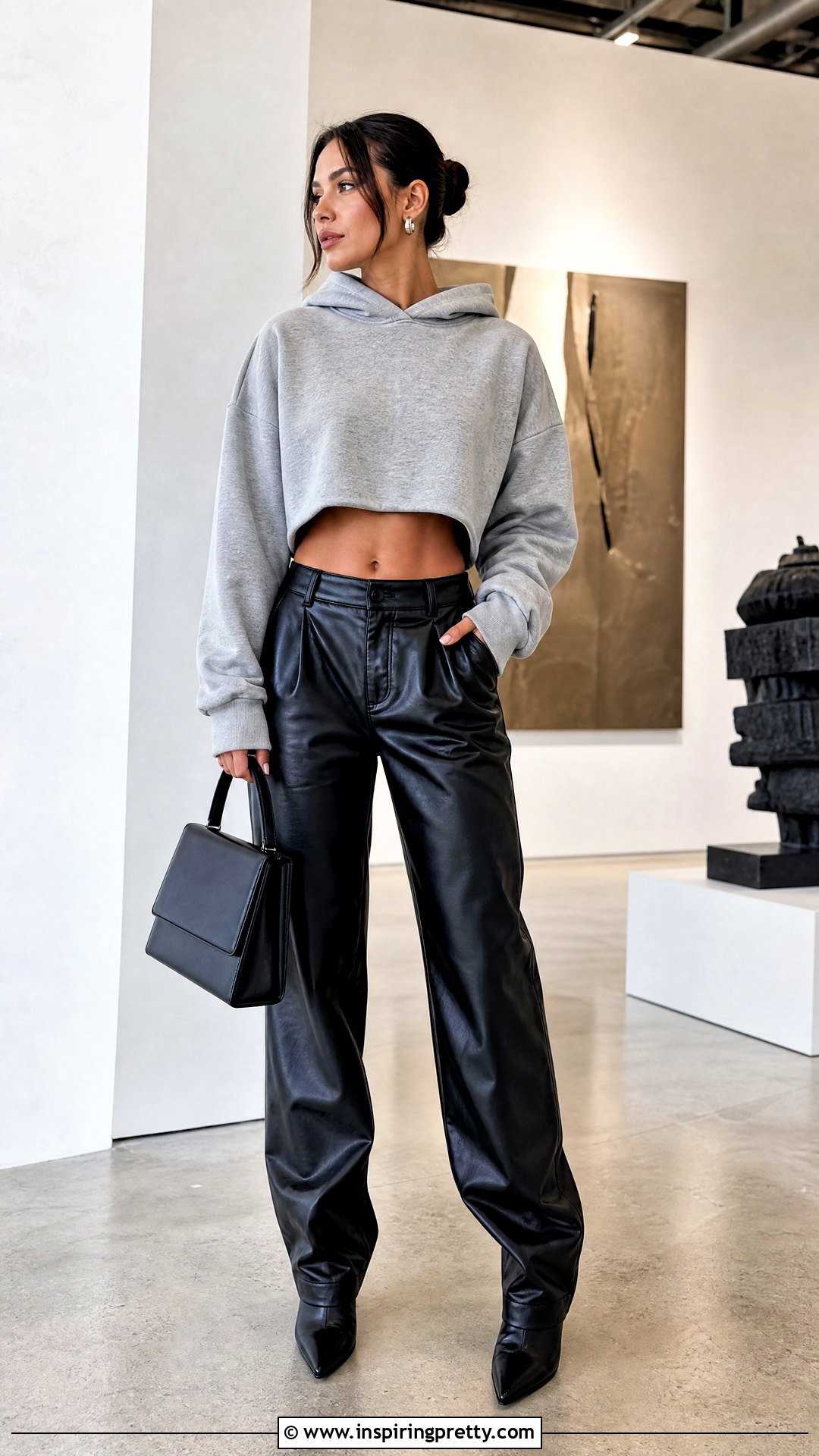 Crop Top Hoodie With Leather Pants - 50 crop top hoodie outfit ideas