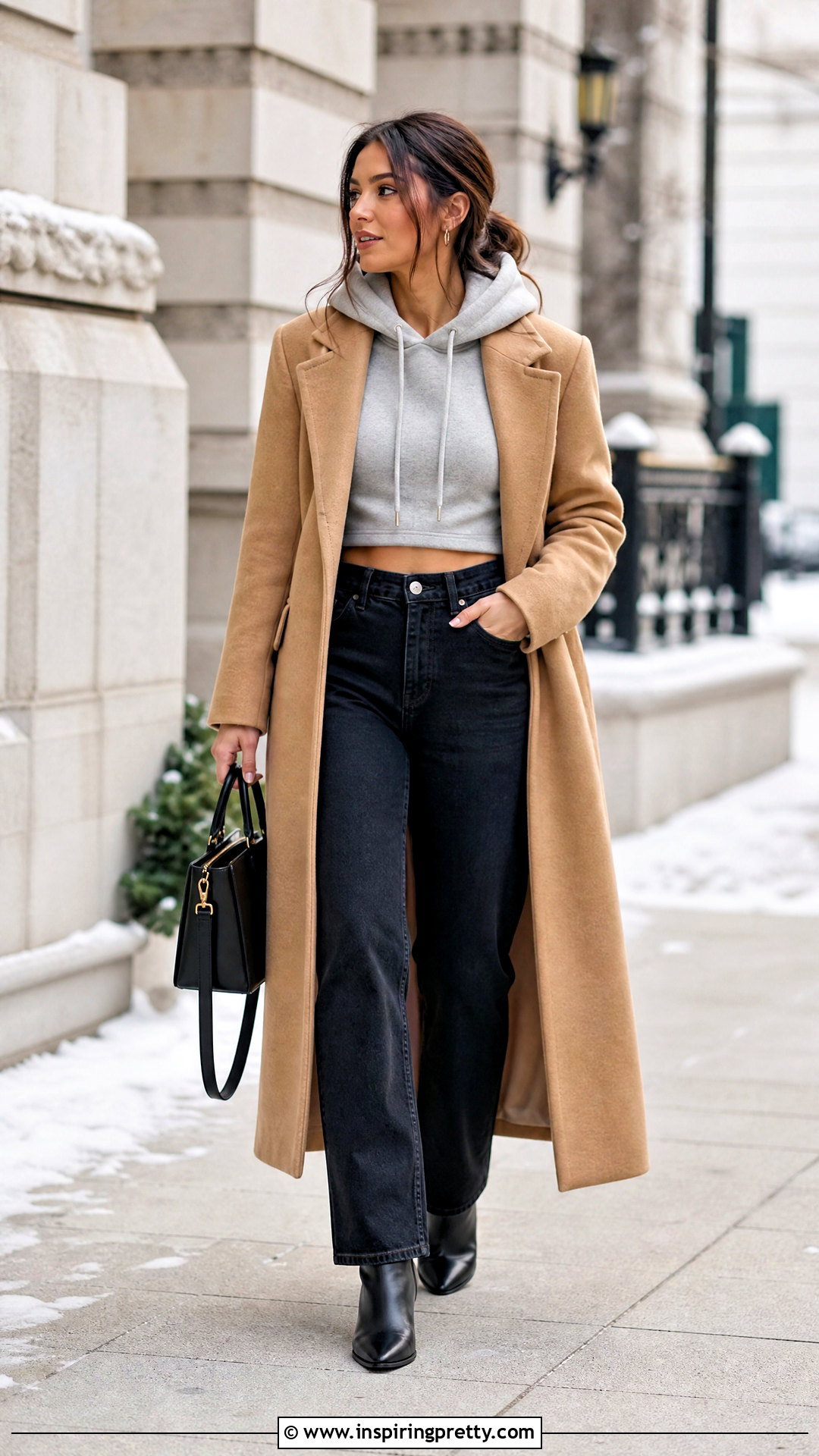 Crop Top Hoodie With Long Wool Coat And Jeans - 50 crop top hoodie outfit ideas
