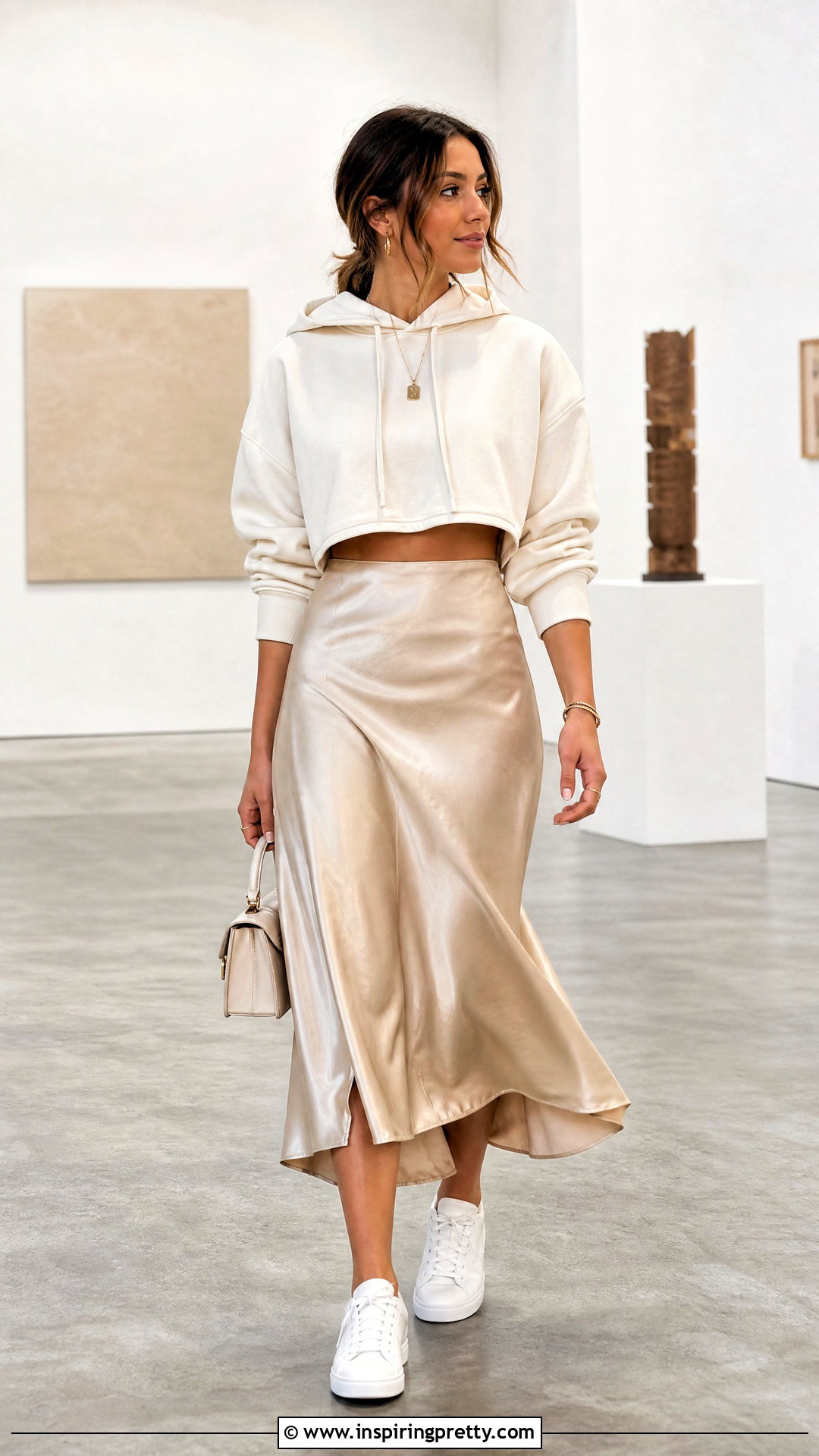 Crop Top Hoodie With Satin Midi Skirt - 50 crop top hoodie outfit ideas