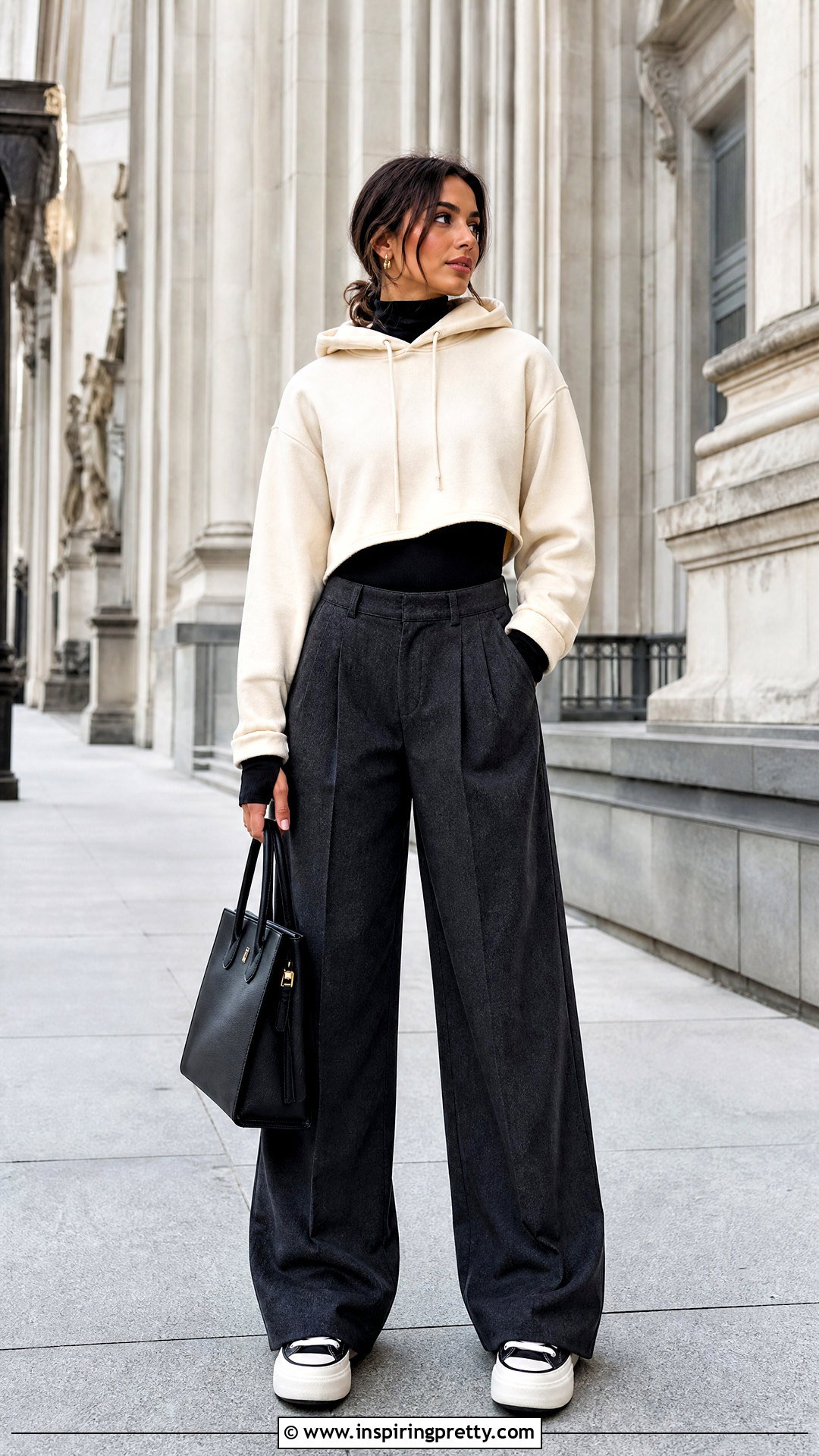 Crop Top Hoodie With Turtleneck And Wide Leg Pants - 50 crop top hoodie outfit ideas