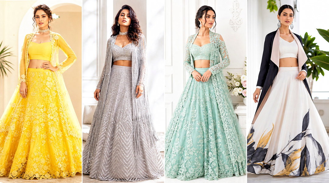 50 Crop Top Lehenga With Jacket Outfit Ideas for Wedding Season