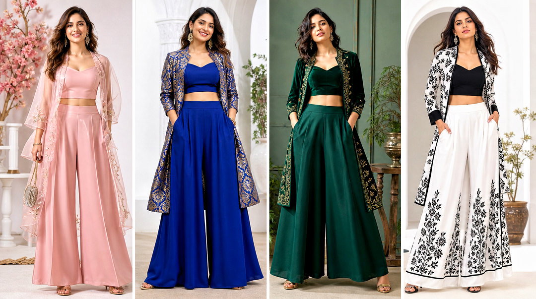 25 Crop Top Palazzo With Jacket Indian Outfit Ideas to Try