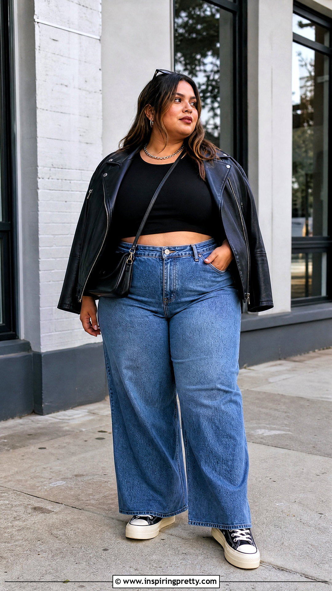 Crop Top With Biker Jacket And Wide Leg Jeans - 50 cute crop tops outfit ideas