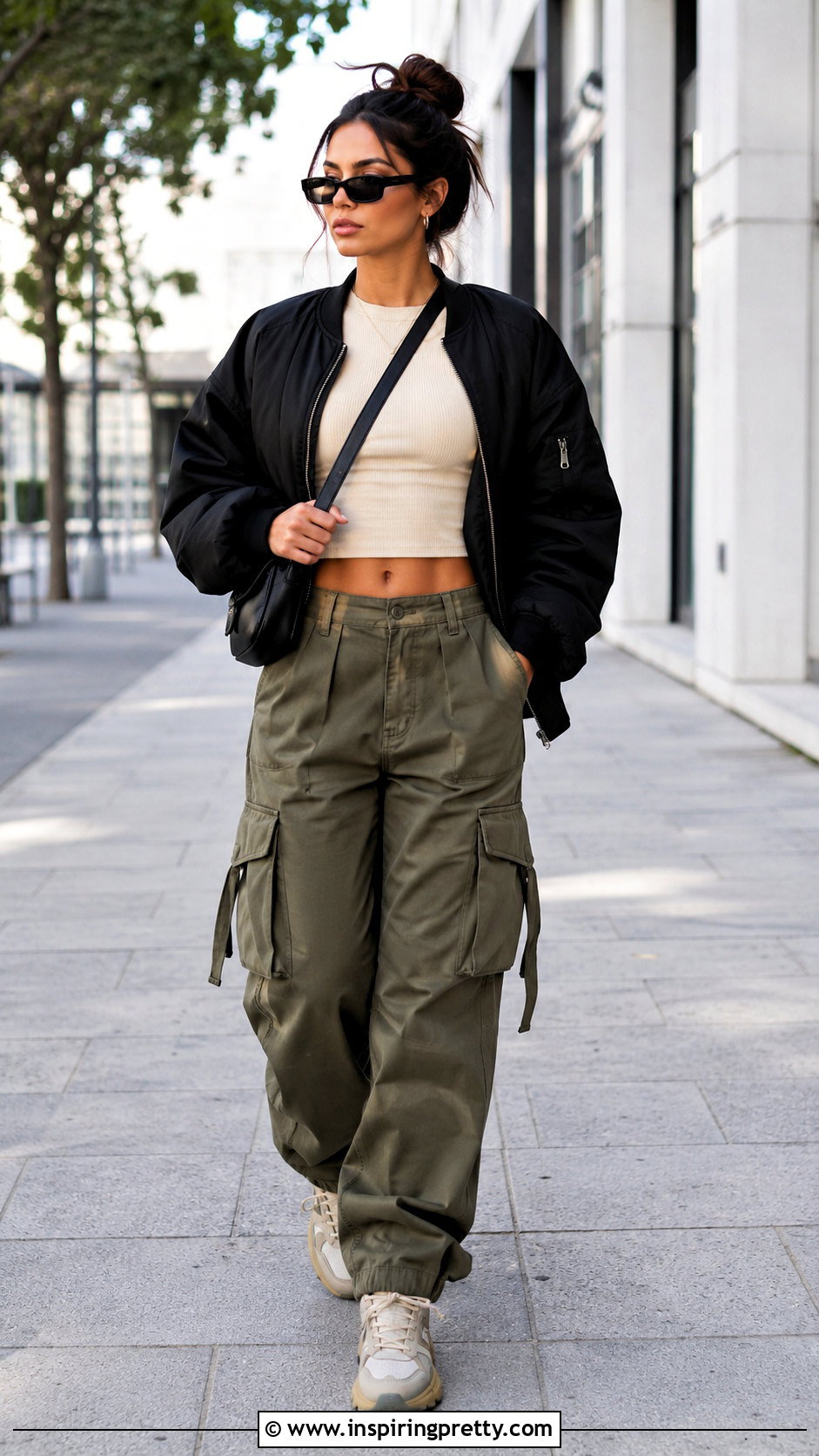 Crop Top With Bomber Jacket And Cargo Pants - 50 trending crop tops outfit ideas