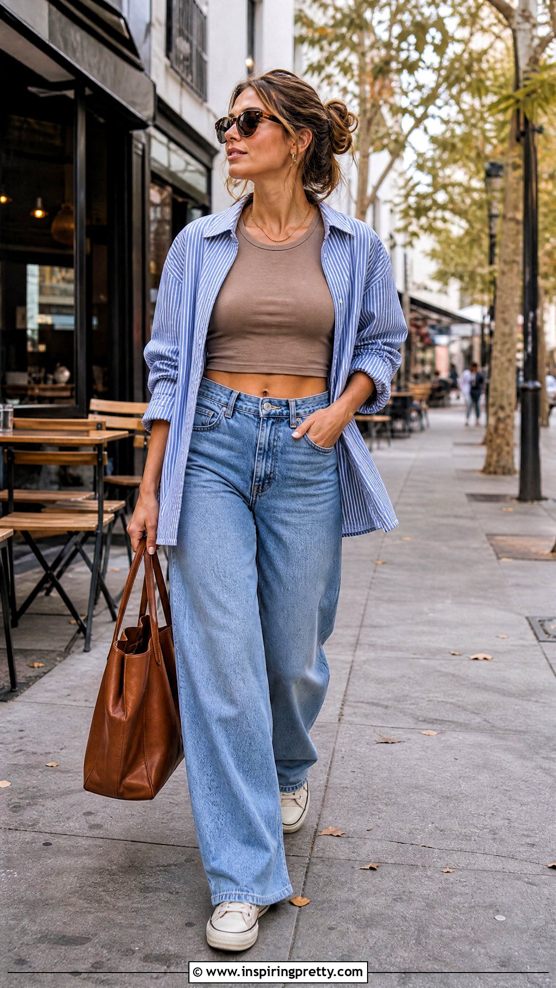 Crop Top With Button Down Shirt And Wide Leg Jeans - 20 crop top fall fashion ideas