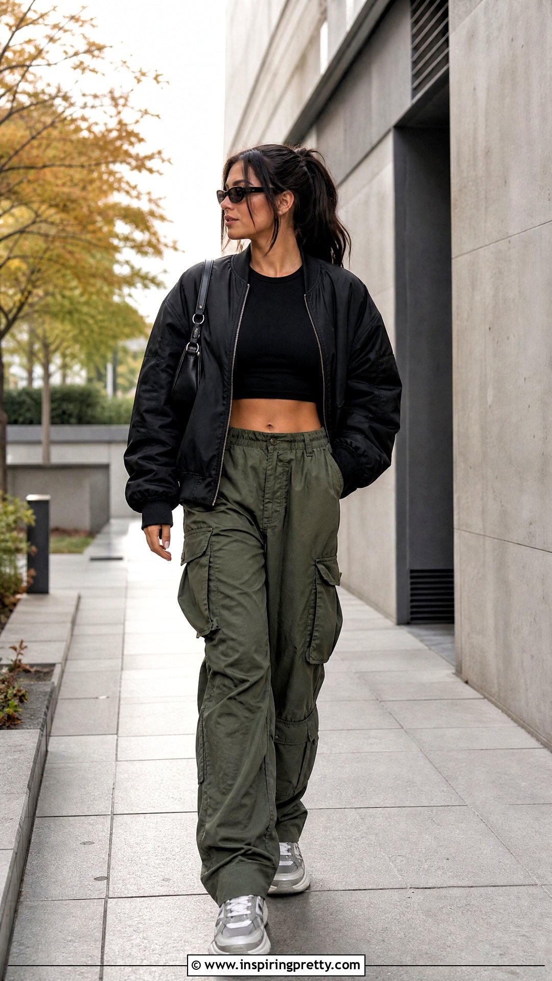 Crop Top With Cargo Pants And Bomber Jacket - 20 crop top fall fashion ideas