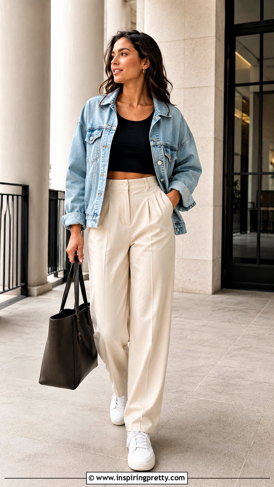 Crop Top With Denim Jacket And Trousers - 50 trending crop tops outfit ideas