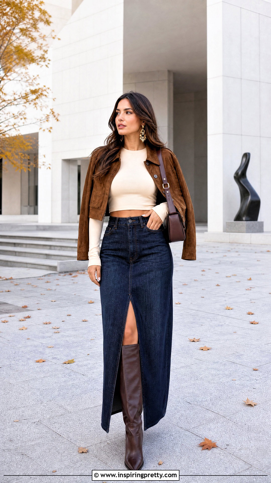 Crop Top With Denim Maxi Skirt And Boots - 20 crop top fall fashion ideas