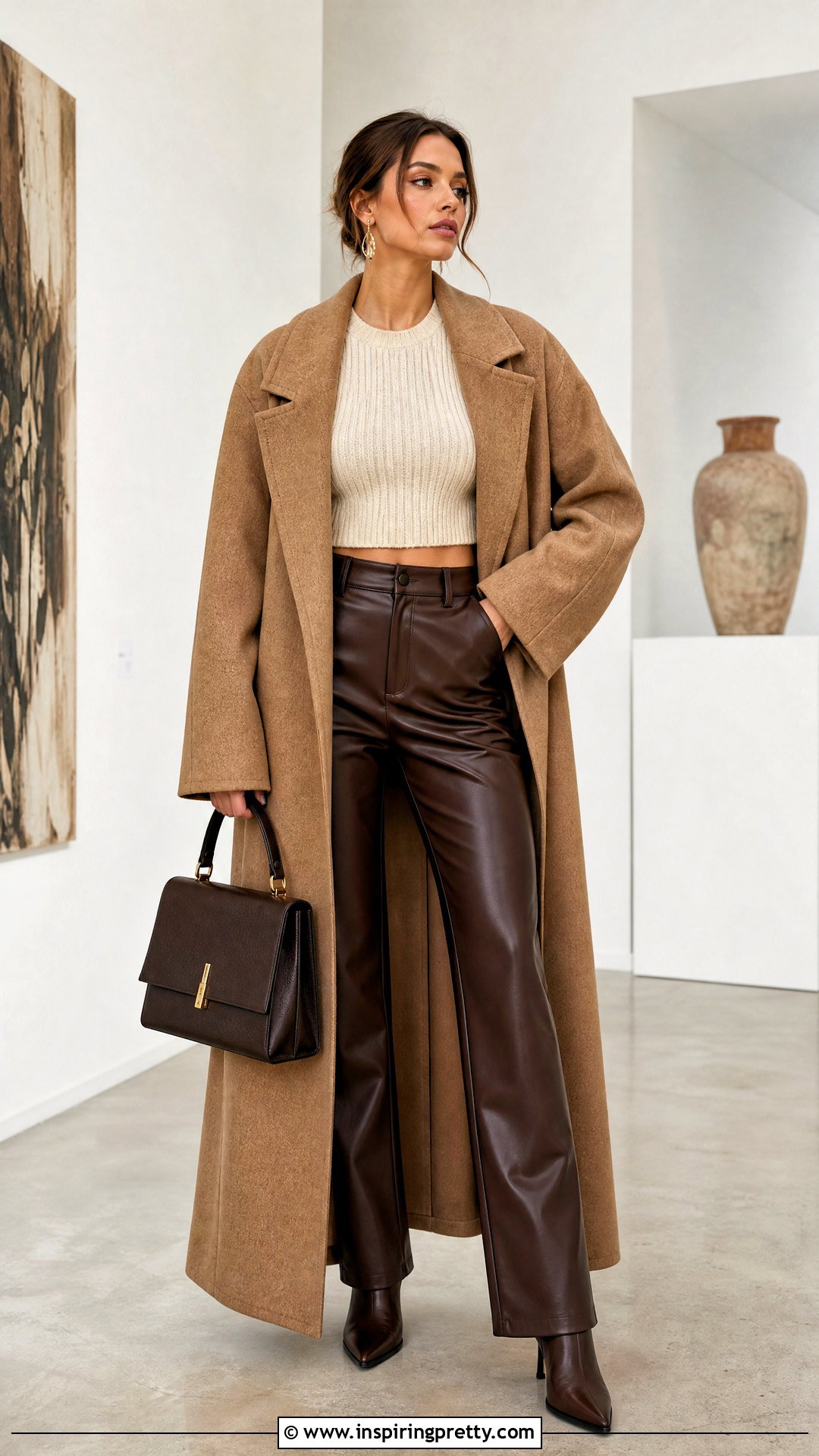 Crop Top With Faux Leather Pants And Oversized Coat - 20 crop top fall fashion ideas