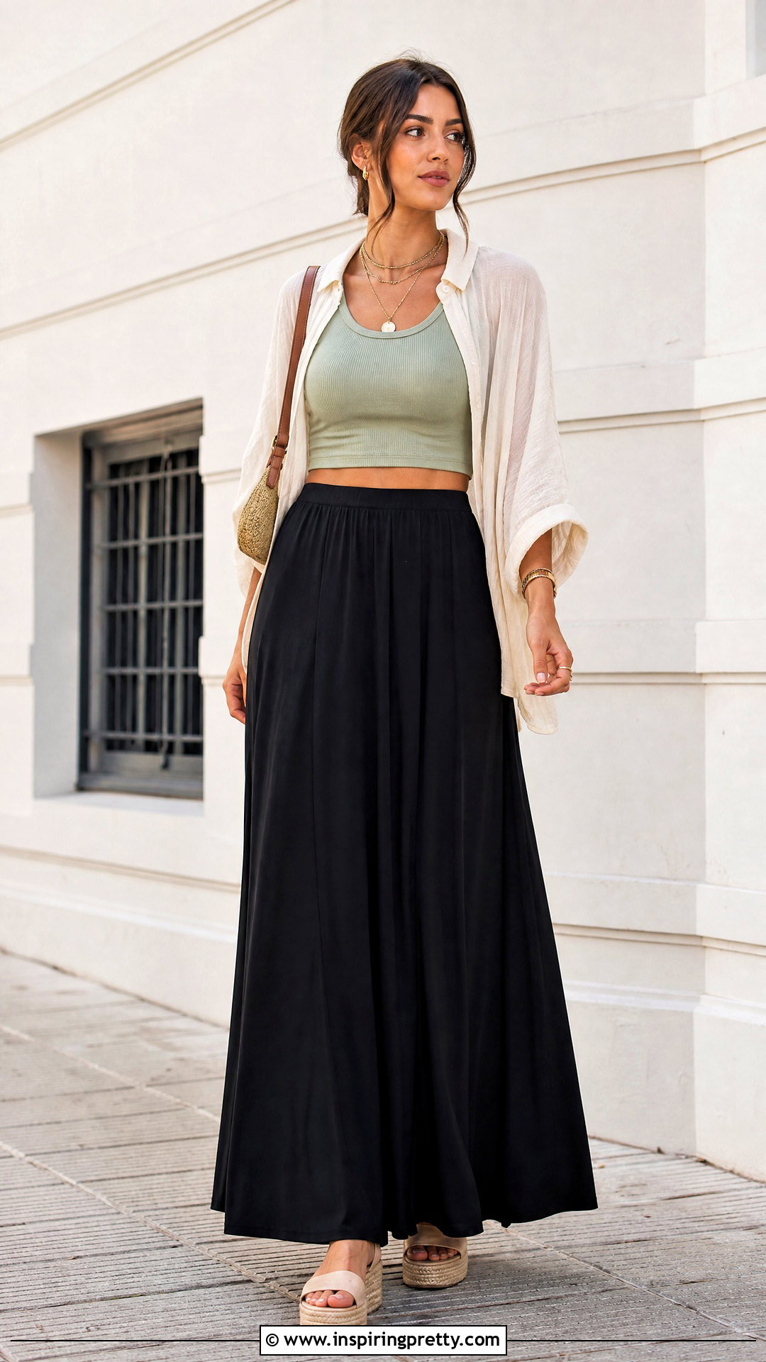 Crop Top With Long Black Skirt And Platform Sandals - 25 Tops To Go With Long Black Skirts