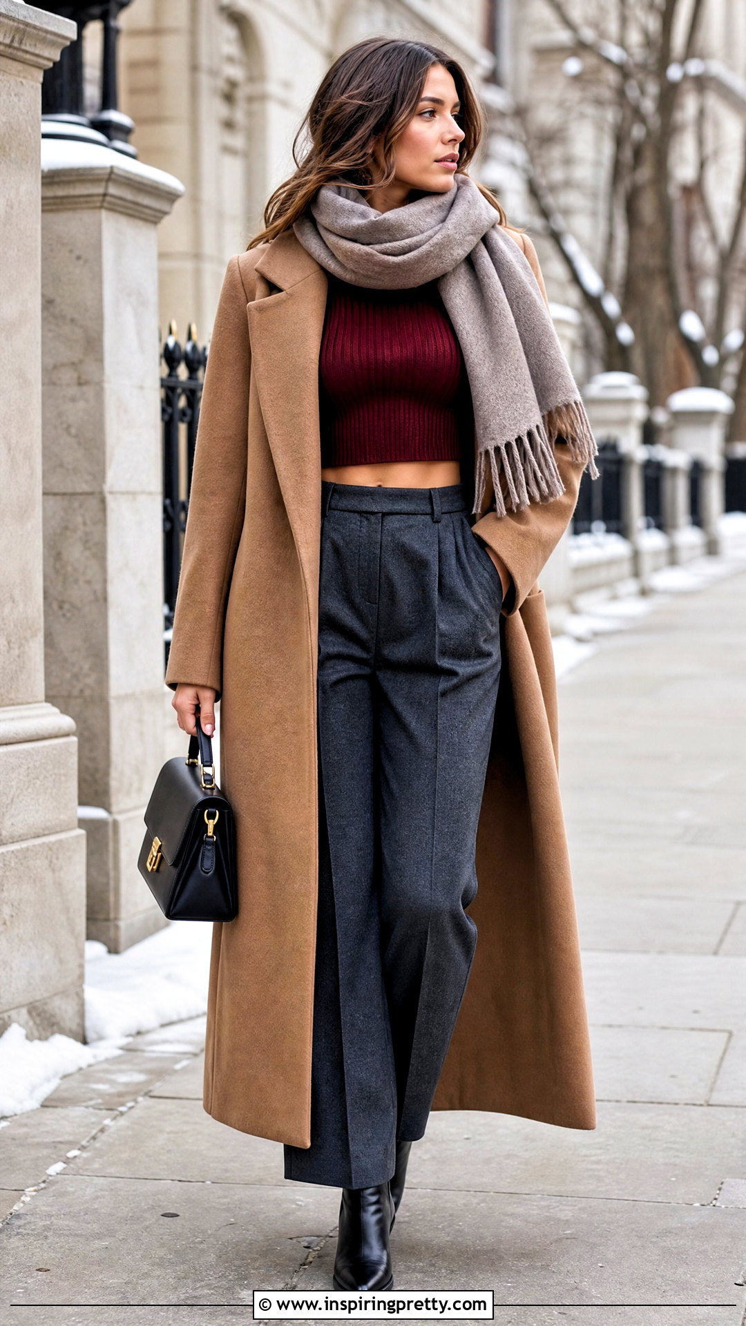 Crop Top With Long Coat And Trousers - ways to wear crop tops (25 ways)