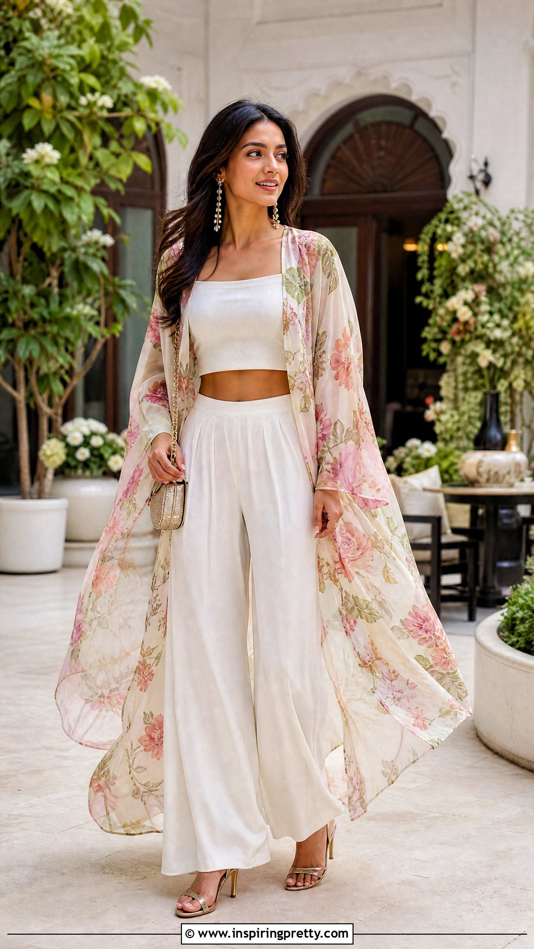 Crop Top With Palazzo Pants And Long Shrug - 50 crop top with plazo outfit ideas