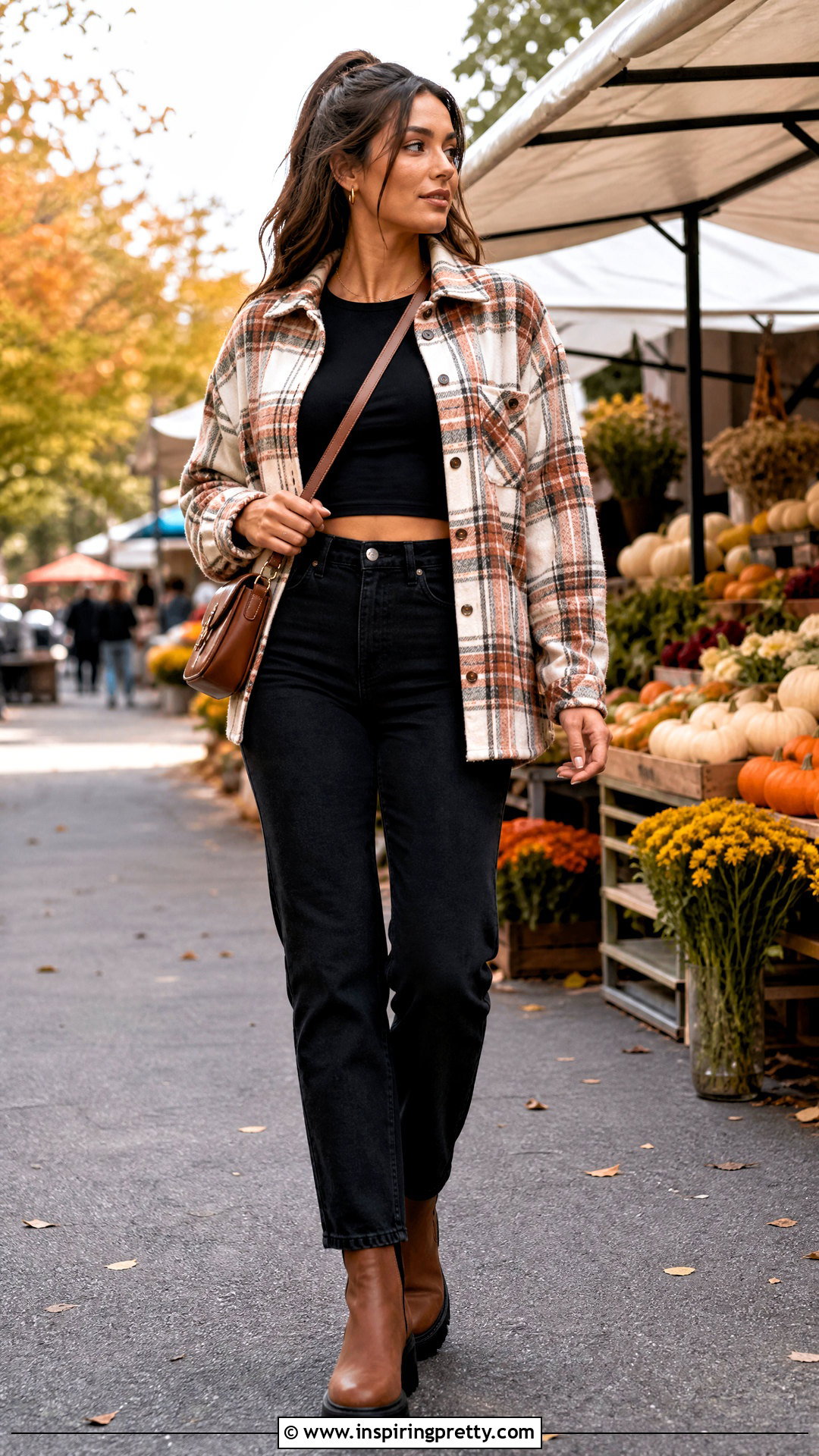 Crop Top With Plaid Shacket And Black Jeans - 20 crop top fall fashion ideas