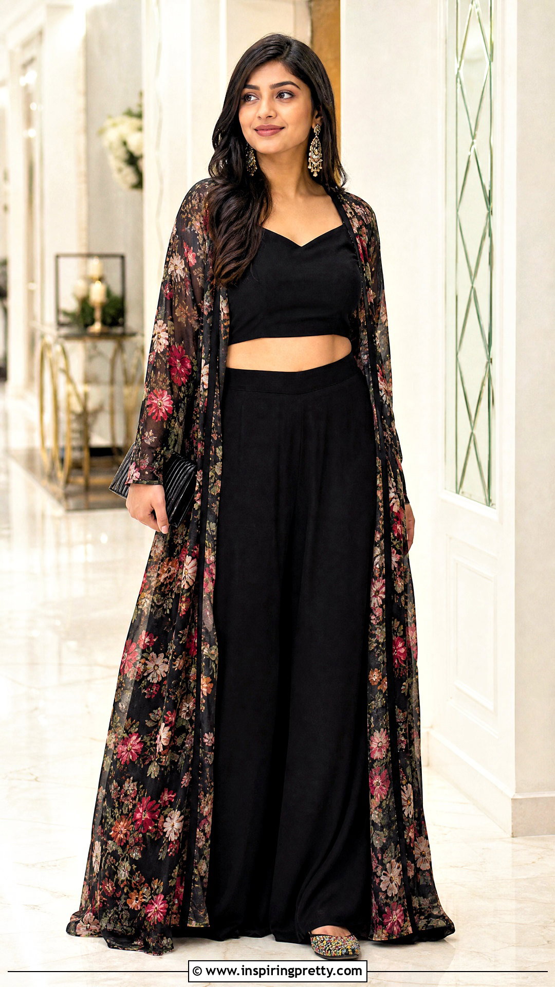 Crop Top With Plazo Pants And Long Shrug - 20 crop top and plazo outfit ideas
