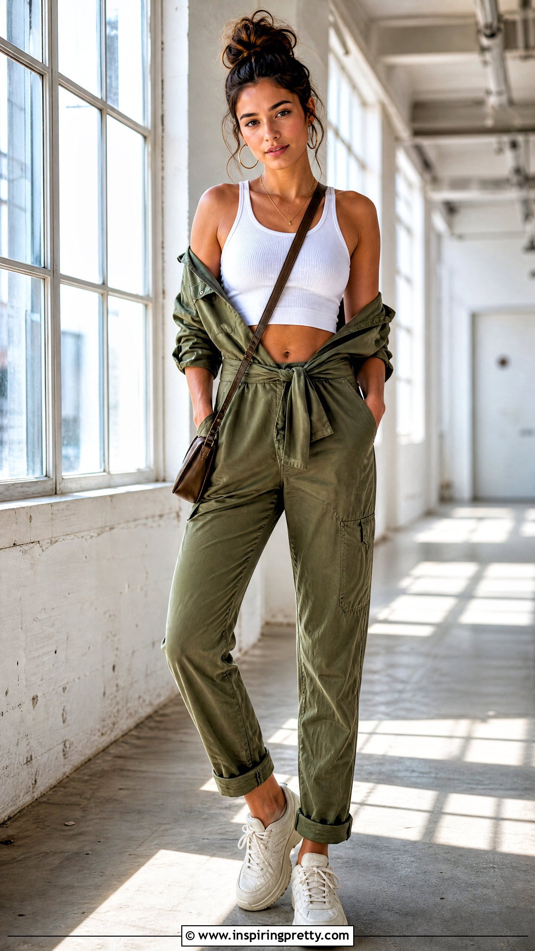 Crop Top With Utility Jumpsuit Layer - 50 stylish crop top outfit ideas