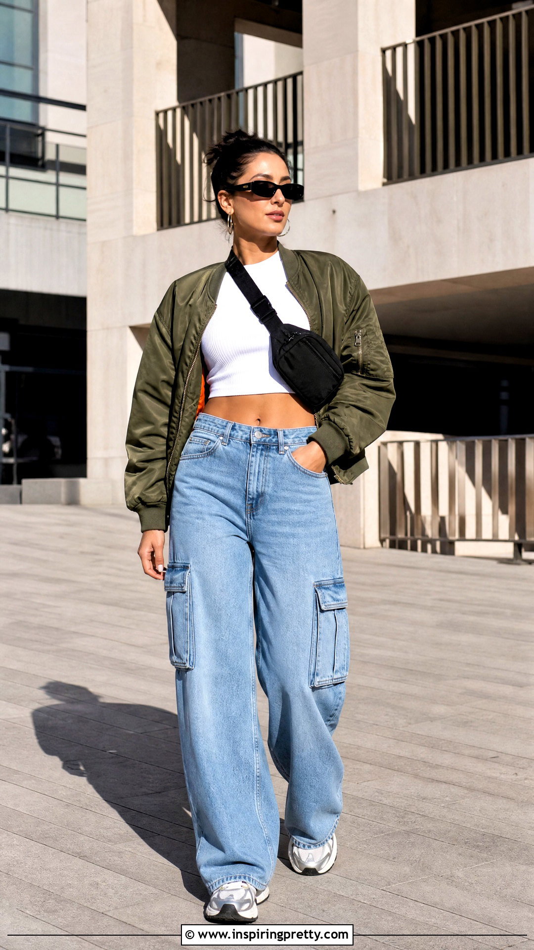 Crop Top With a Bomber Jacket and Cargo Jeans - 50 crop tops for women outfit ideas