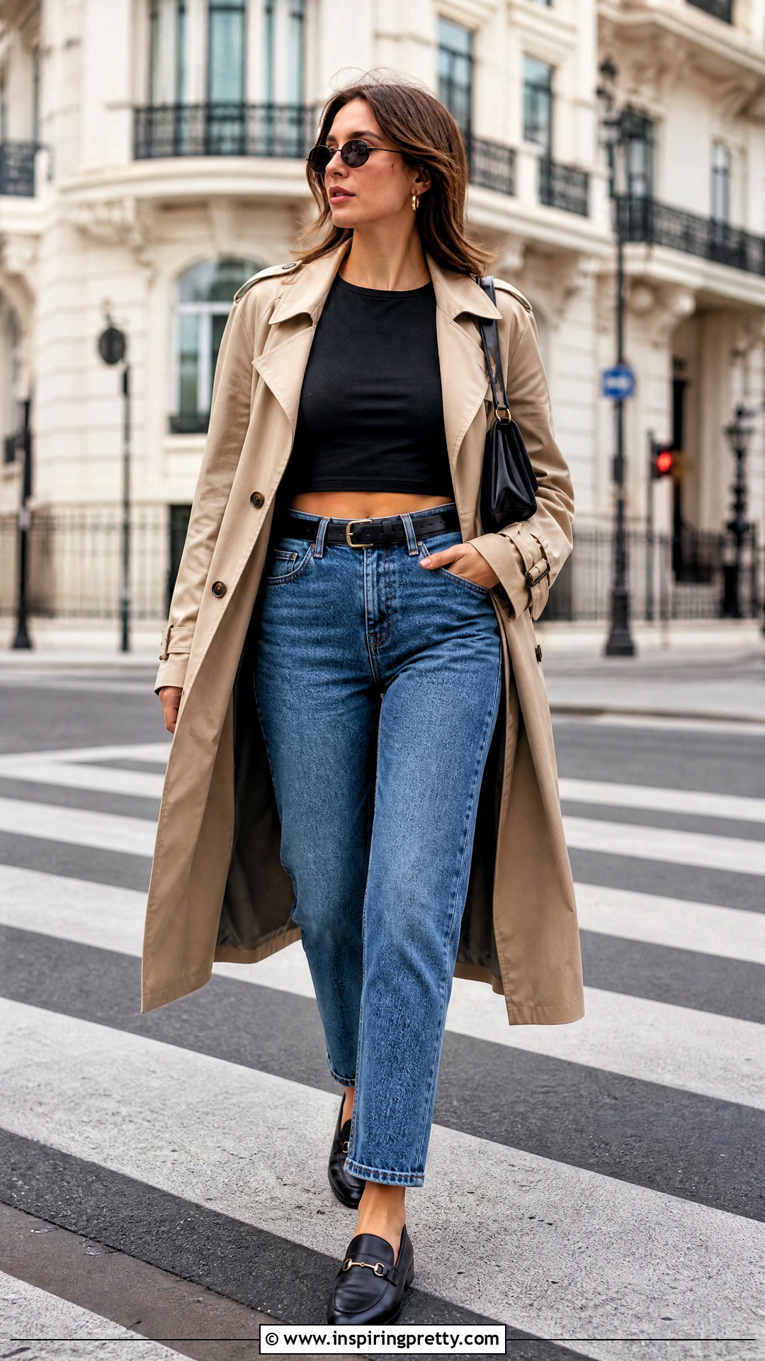 Crop Top With a Trench Coat and Jeans - 50 crop tops for women outfit ideas