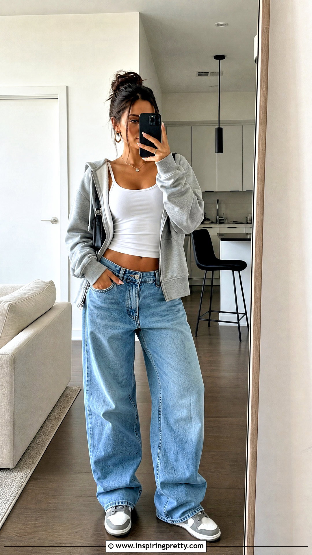 Crop Top Zip Hoodie With Tank And Jeans - 50 crop top hoodie outfit ideas
