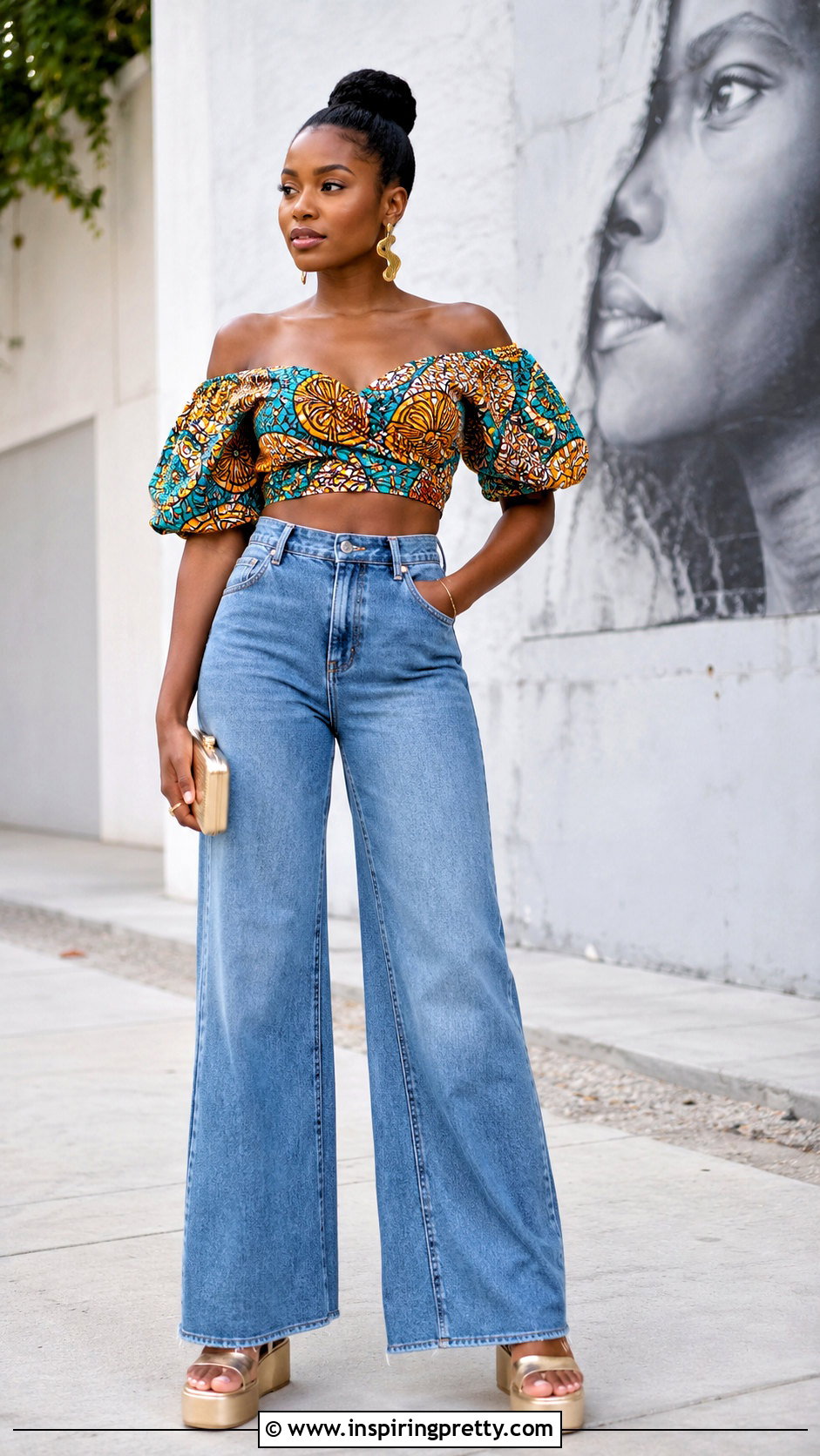 Cropped Ankara Off Shoulder Top With Wide Leg Jeans - 20 ankara tops with jeans off shoulder outfits