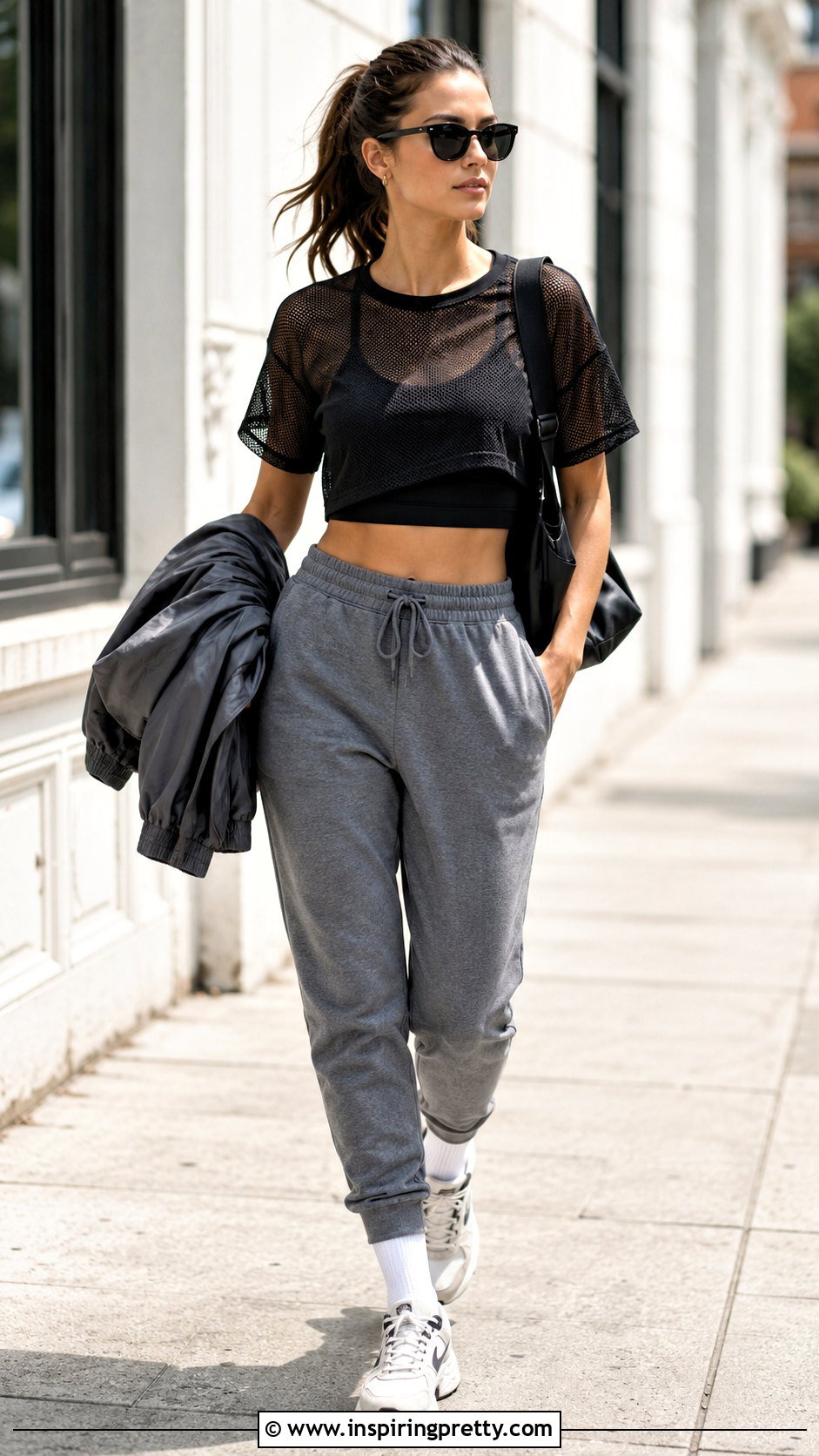 Cropped Athletic Mesh Top With Joggers - 20 athletic mesh top outfit ideas