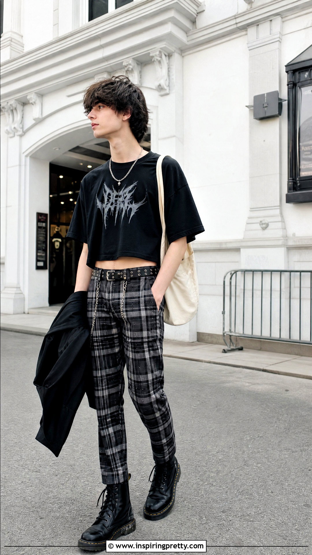 Cropped Band Tee With Plaid Pants - 50 boys in crop tops outfit ideas