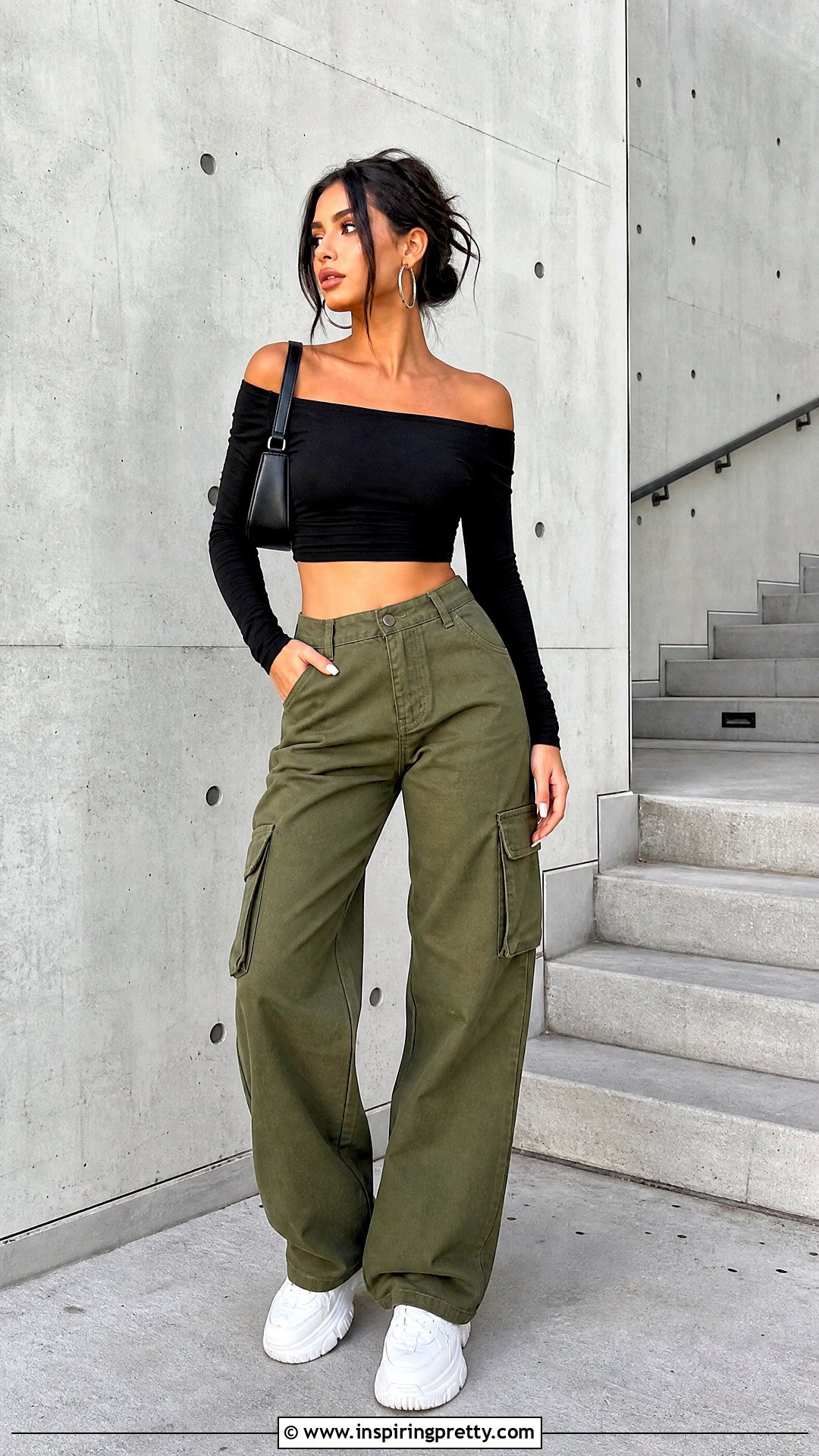 Cropped Bardot Top With Cargo Pants - 50 bardot top outfit ideas