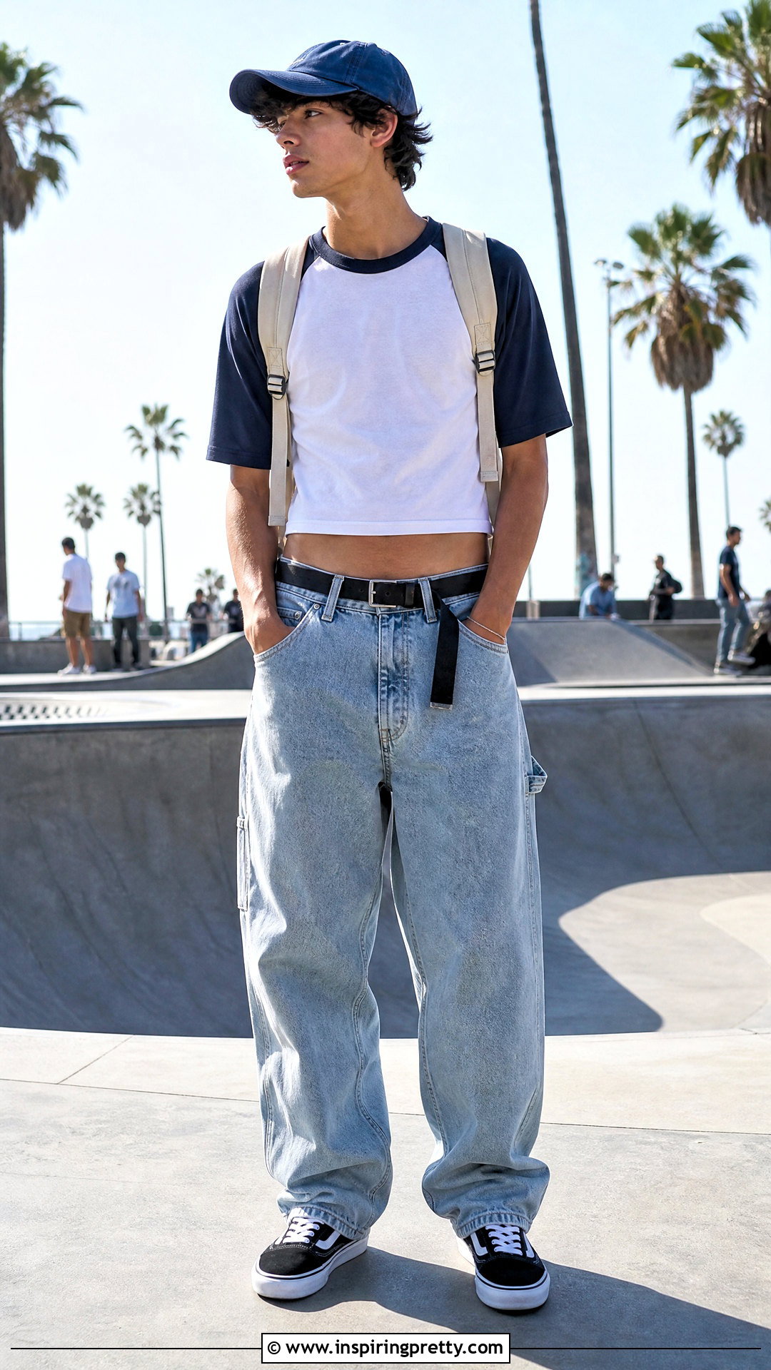 Cropped Baseball Tee With Carpenter Jeans - 50 boys in crop tops outfit ideas