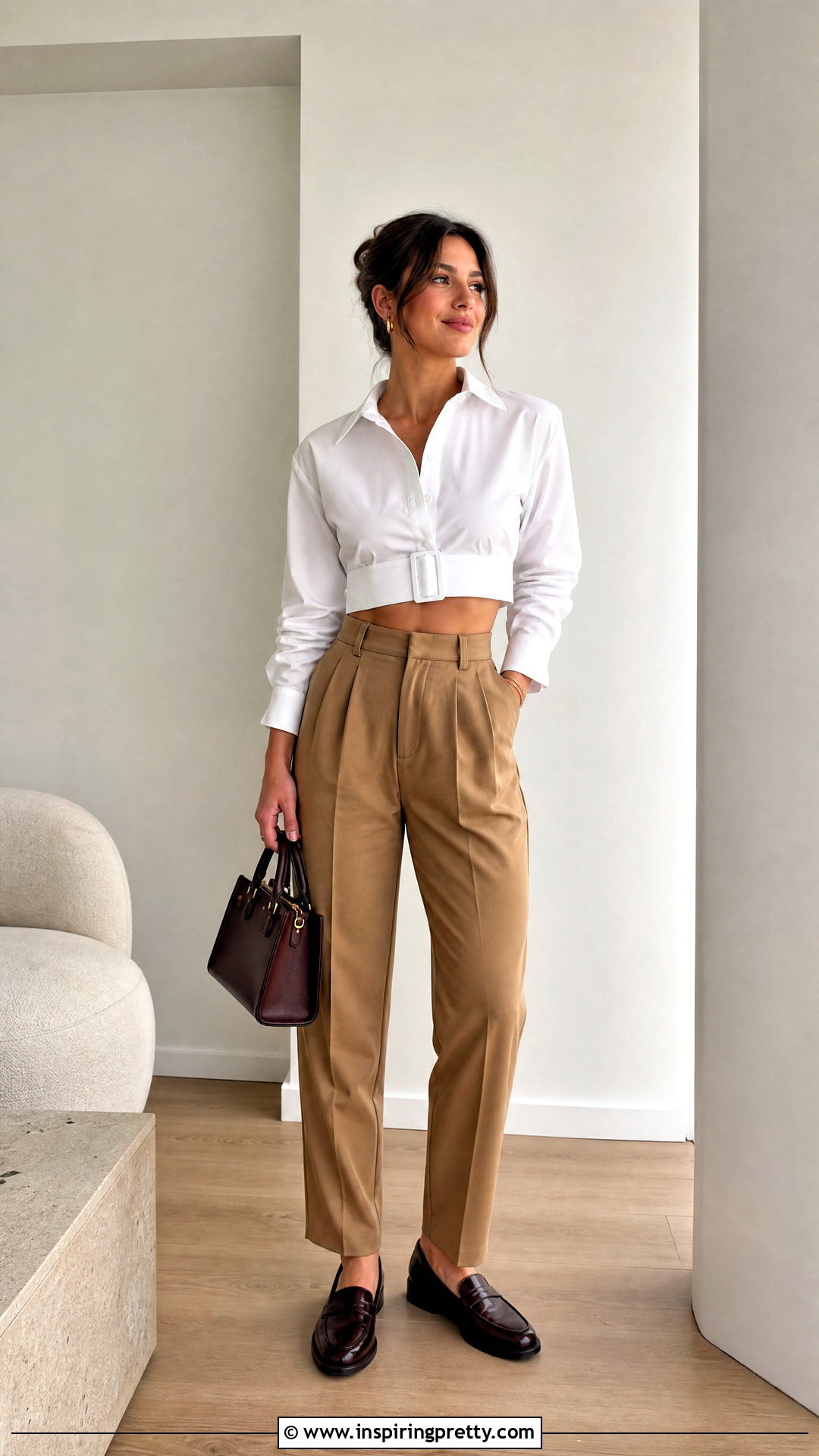 Cropped Belted Shirt With High Waisted Trousers - 50 belt top outfit ideas