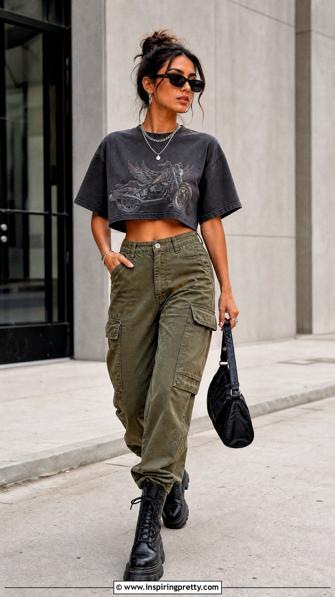 Cropped Biker Tee With Cargo Pants - 20 womens biker tops outfit ideas