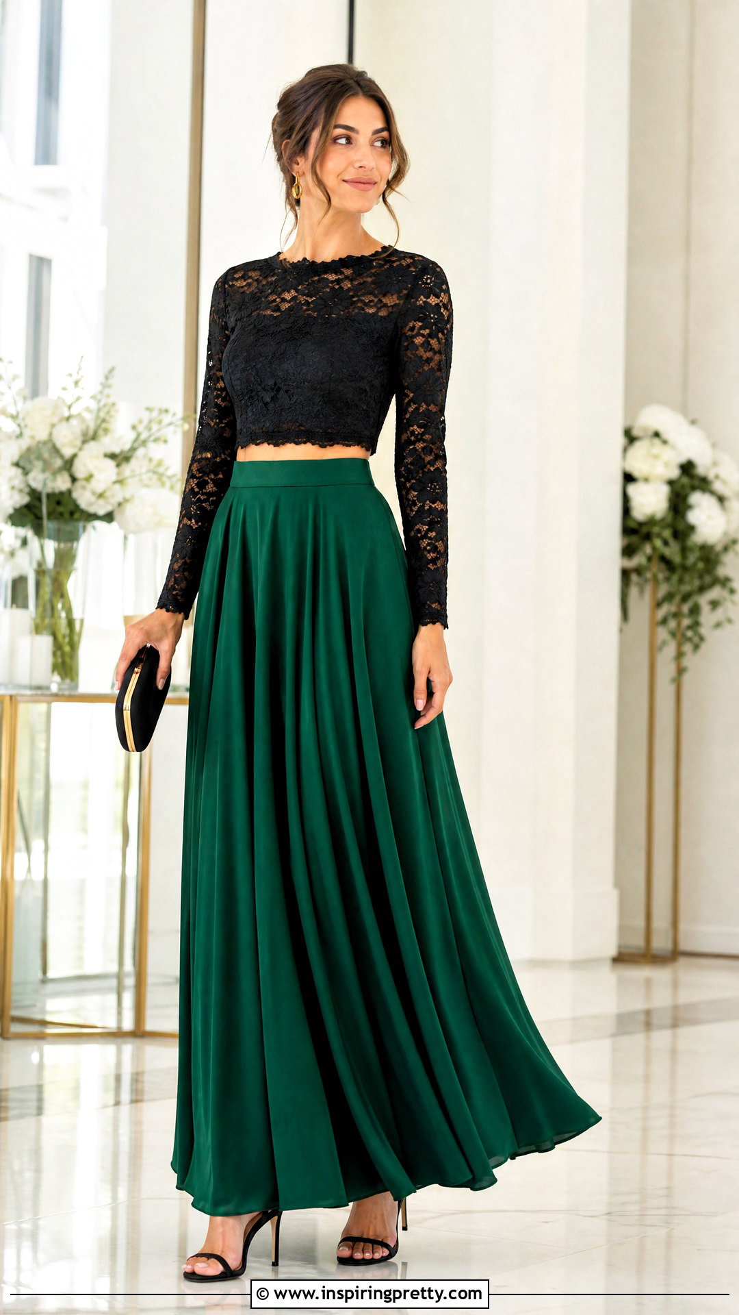 Cropped Black Lace Top With High Waist Maxi Skirt - 50 black lace top outfit classy ideas