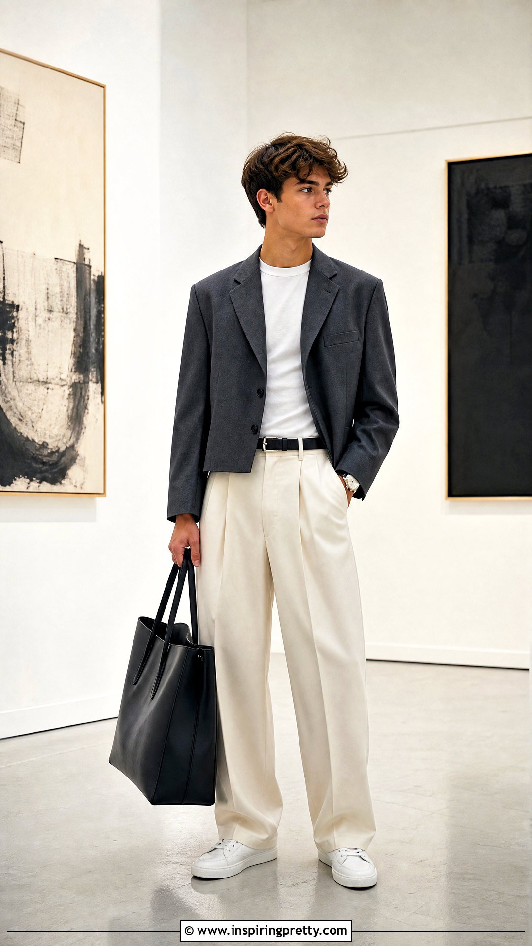 Cropped Blazer With Wide Leg Trousers - 50 boys in crop tops outfit ideas
