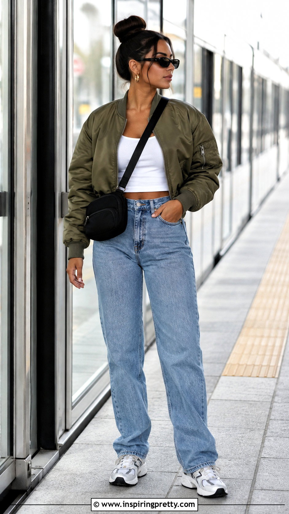 Cropped Bomber Jacket With Jeans - 50 jean crop top outfit ideas