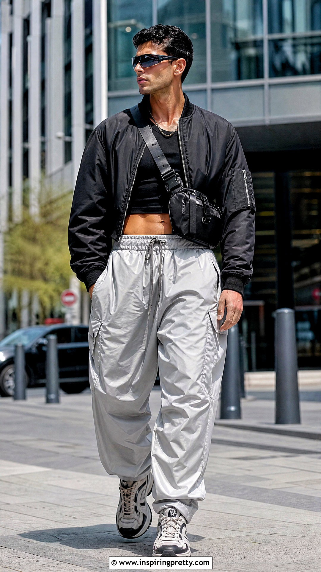 Cropped Bomber Jacket With Parachute Pants - 50 male crop top outfits