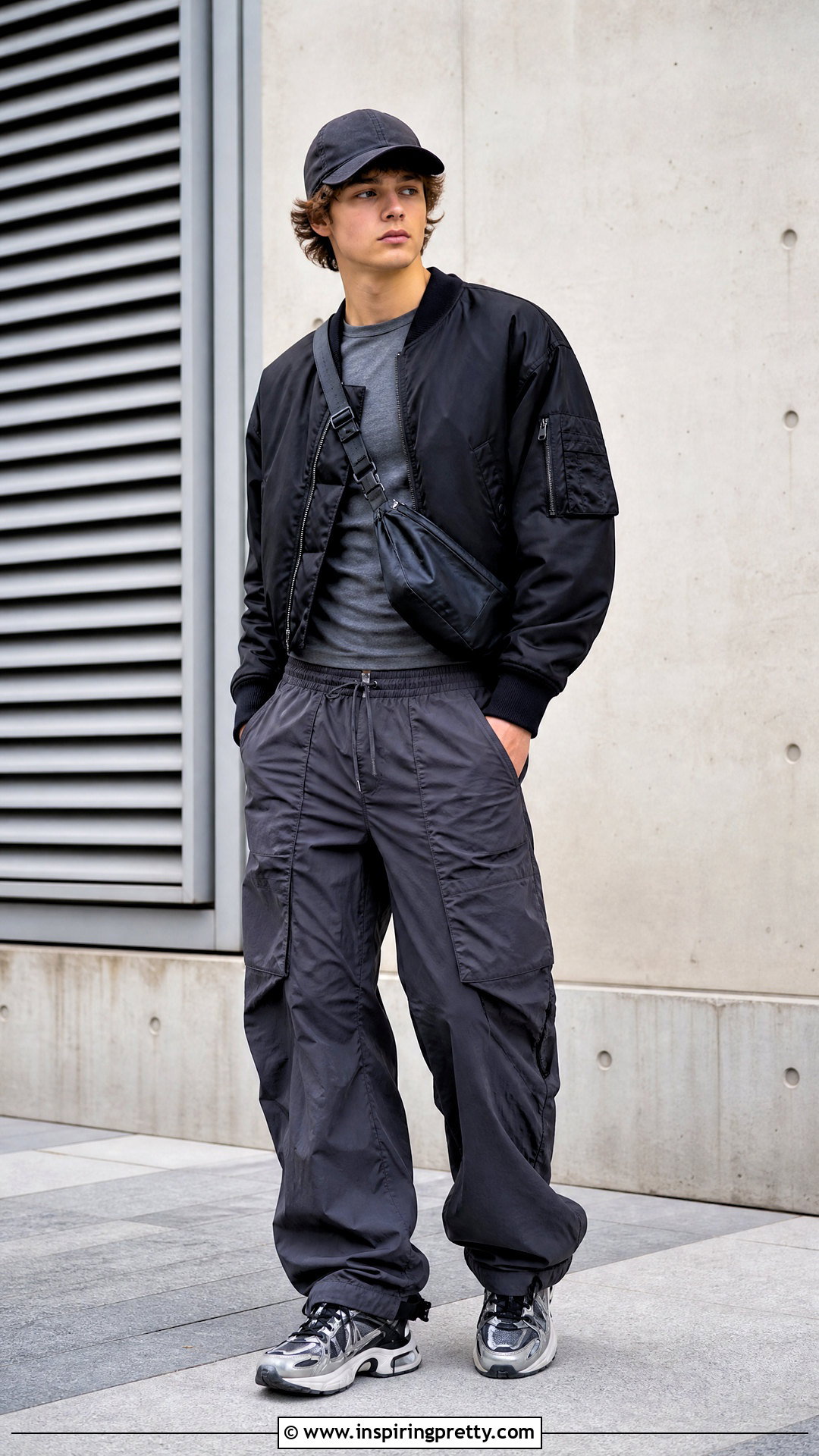 Cropped Bomber Jacket With Parachute Pants - 50 boys in crop tops outfit ideas