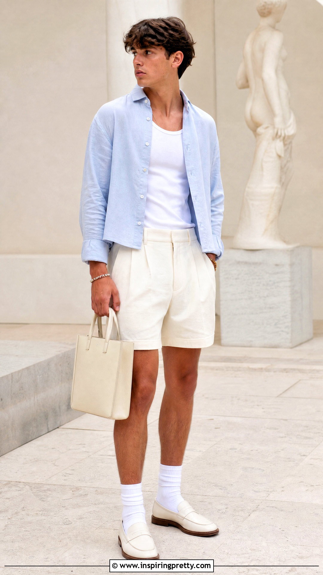 Cropped Button Down With Pleated Shorts - 50 boys in crop tops outfit ideas