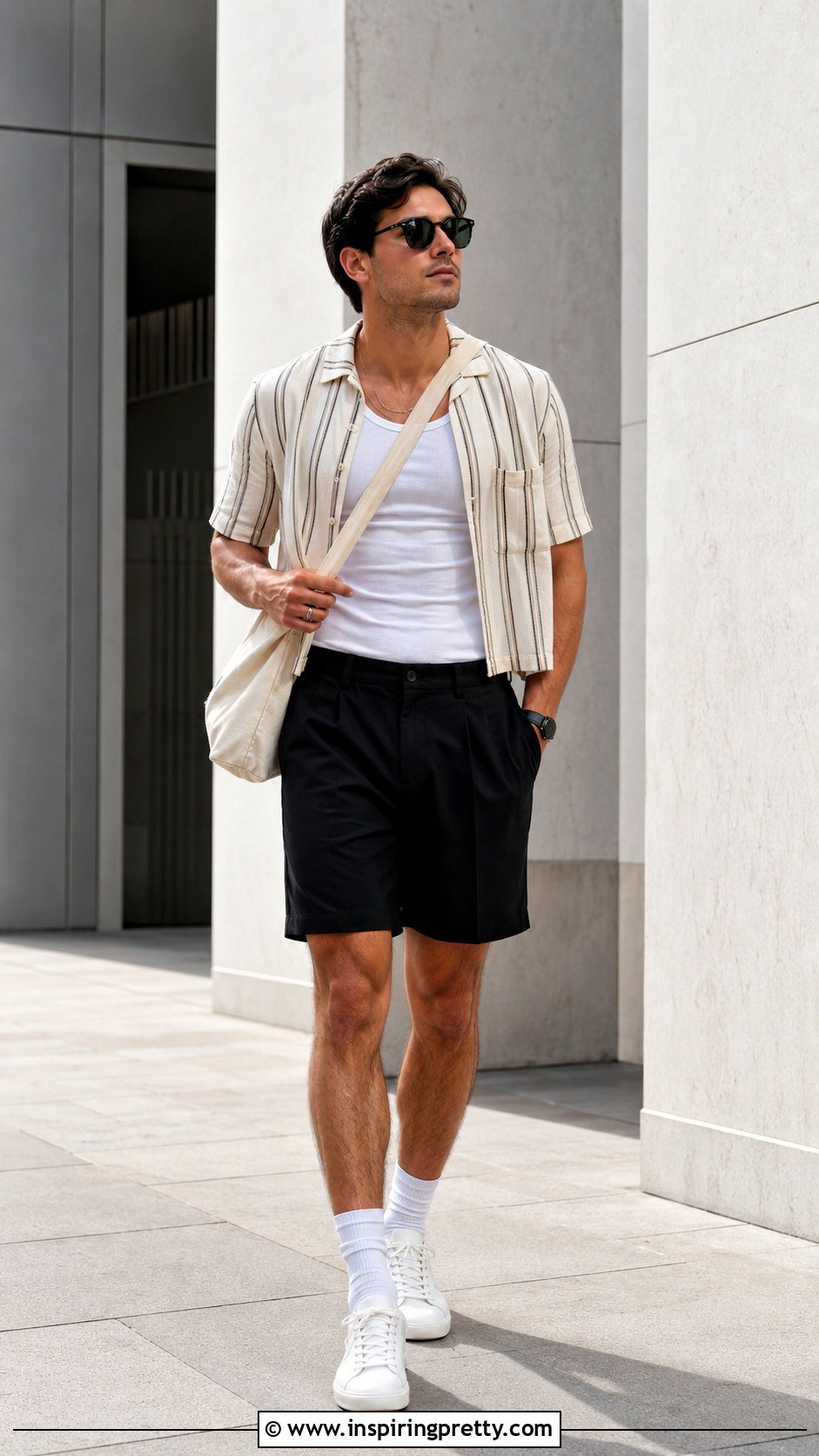 Cropped Button Down With Tank And Shorts - 20 men’s crop tops outfit ideas