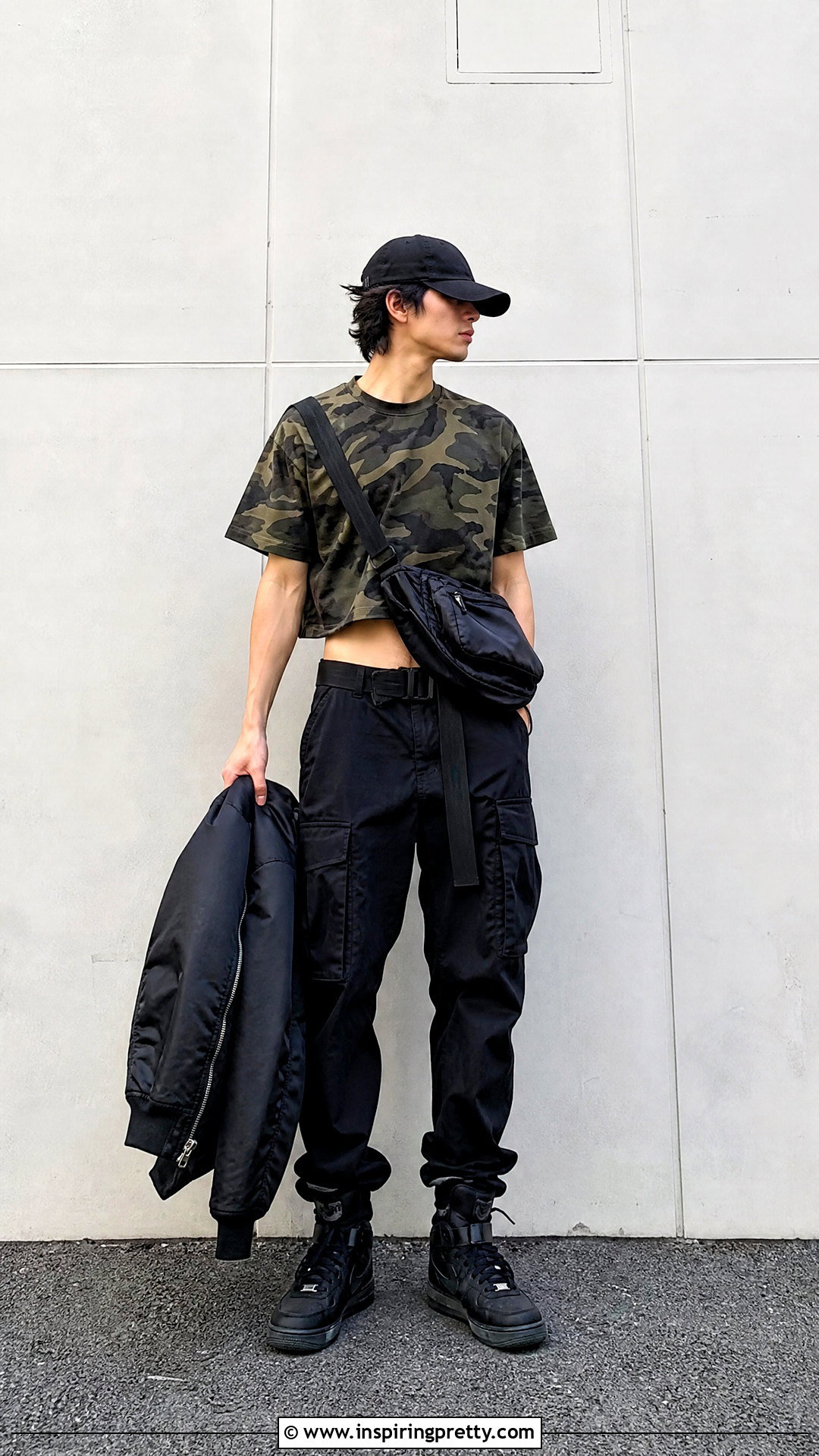 Cropped Camouflage Top With Black Cargos - 50 male crop top outfits