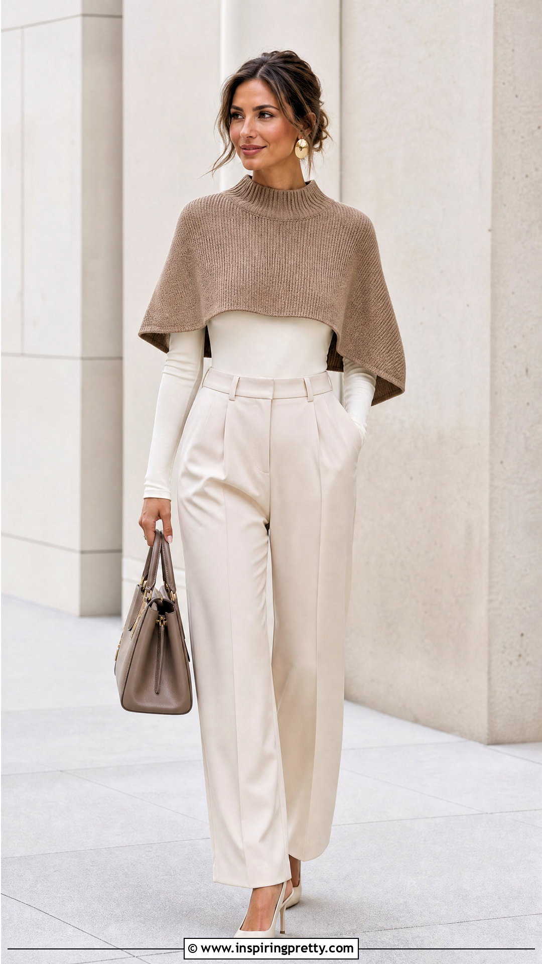 Cropped Cape Knit Top With High Waisted Trousers - 25 cape knit top outfit ideas