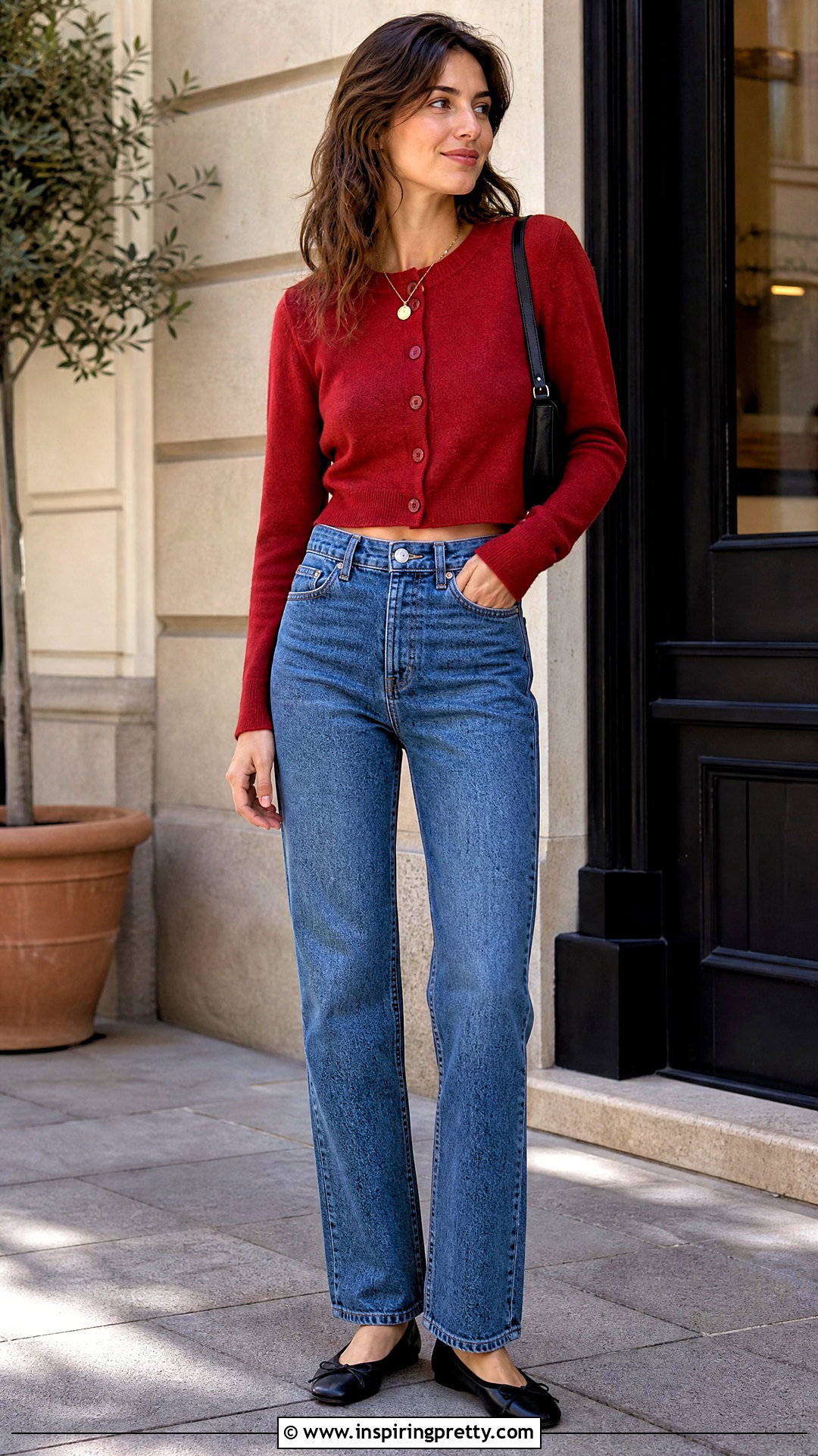 Cropped Cardigan Top With High Waisted Jeans - 50 chic tops outfit ideas