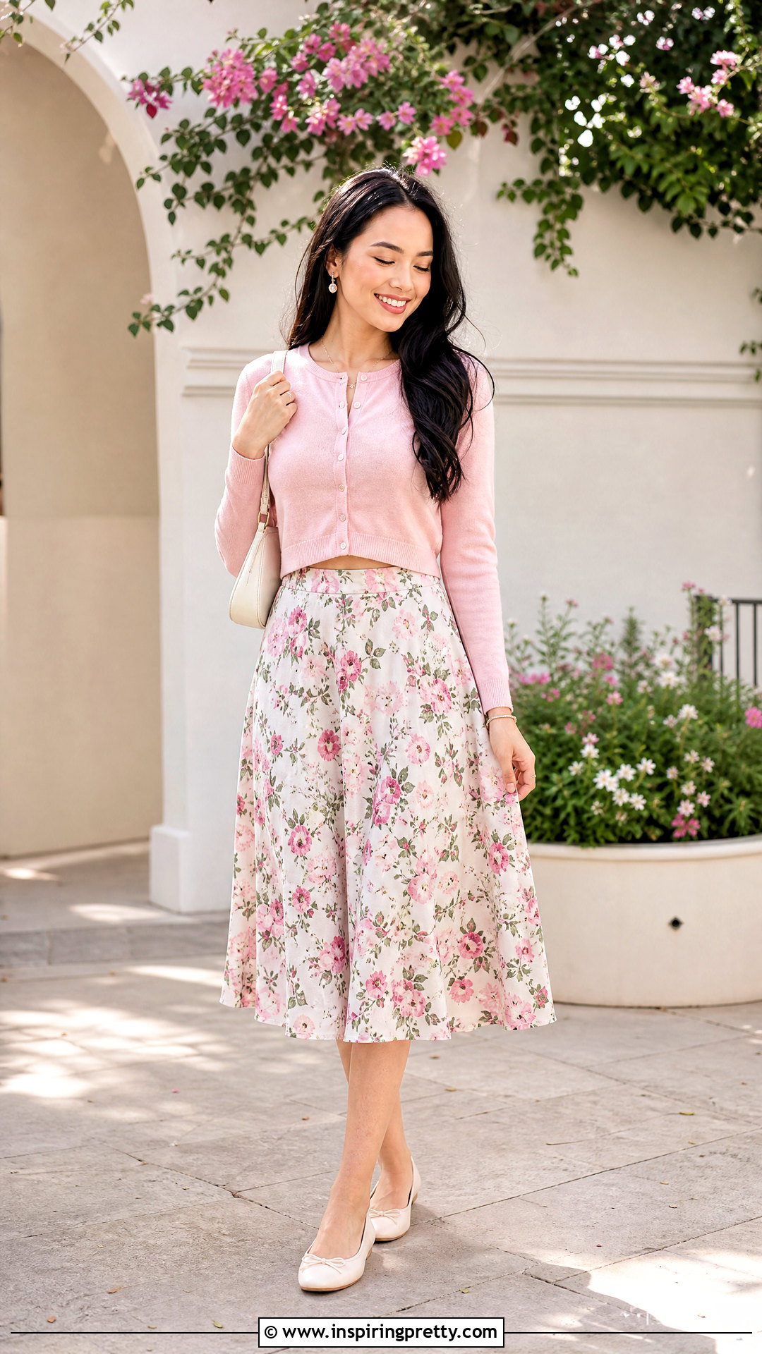 Cropped Cardigan With Floral Midi Skirt - 50 skirt with top outfit ideas
