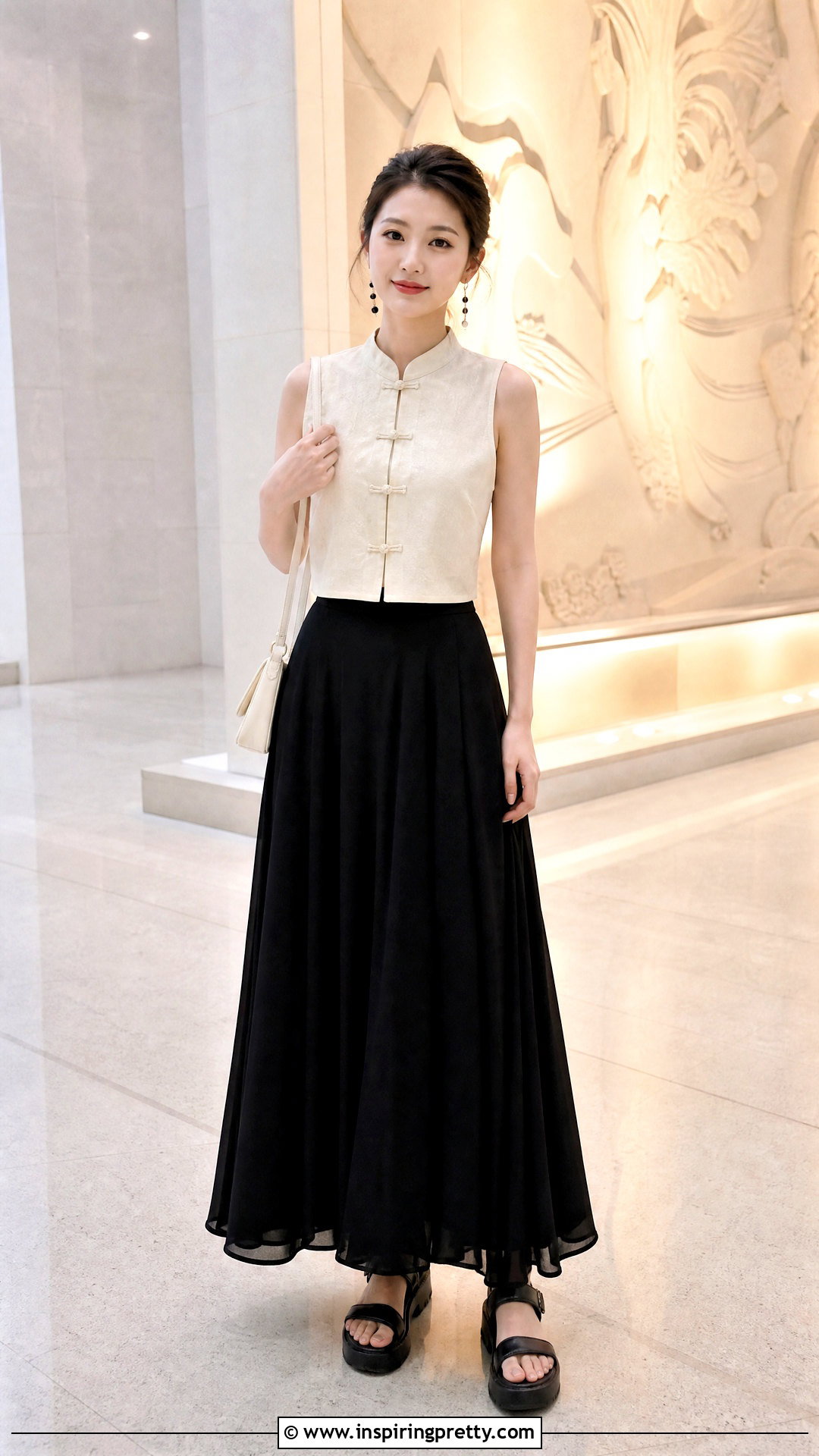 Cropped Chinese Top With Black Maxi Skirt - 50 chinese top outfit ideas