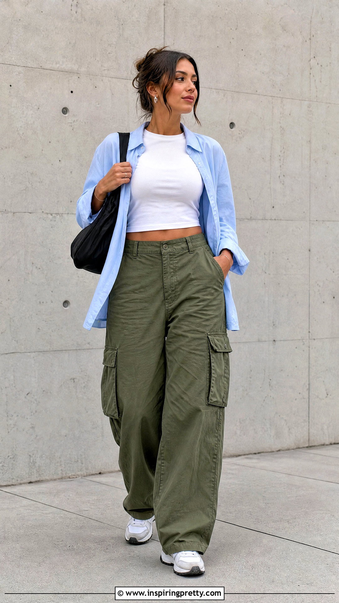 Cropped Cotton T Shirt With Cargo Pants - 50 cute cotton tops outfit ideas