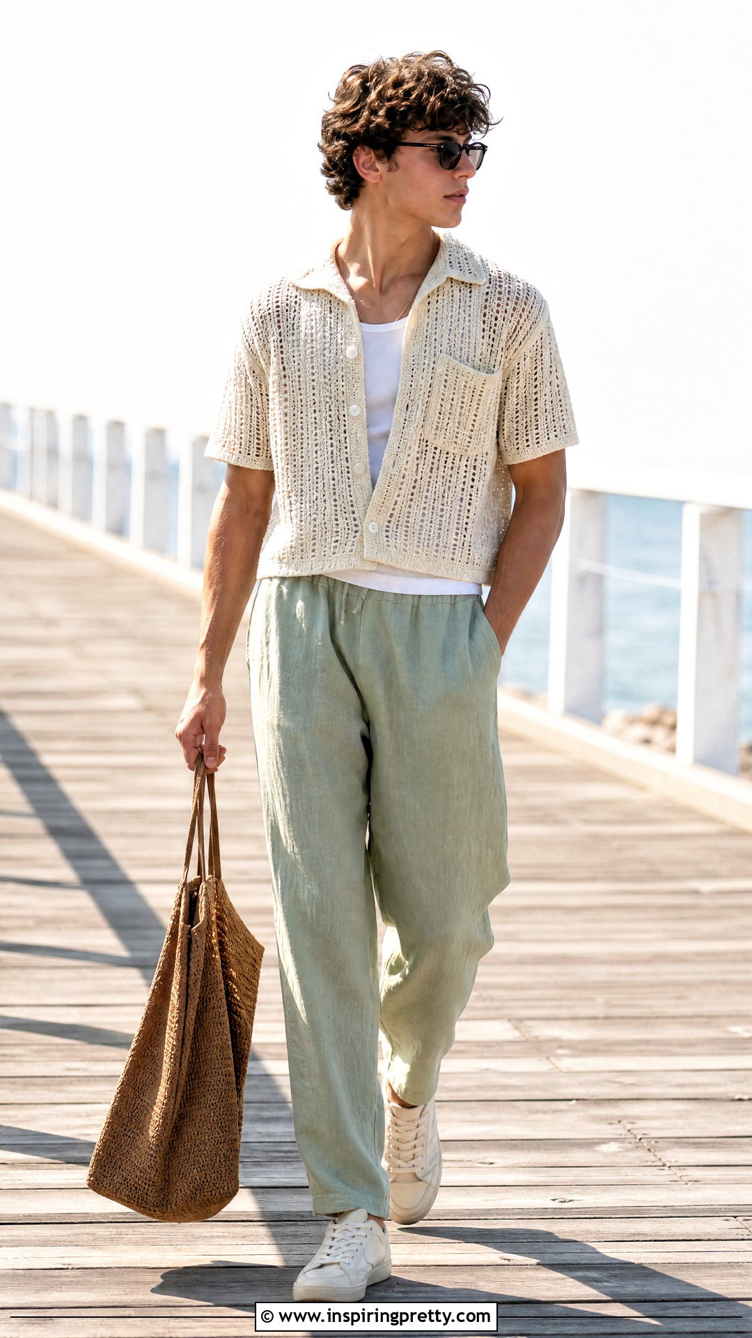 Cropped Crochet Shirt With Linen Pants - 50 boys in crop tops outfit ideas