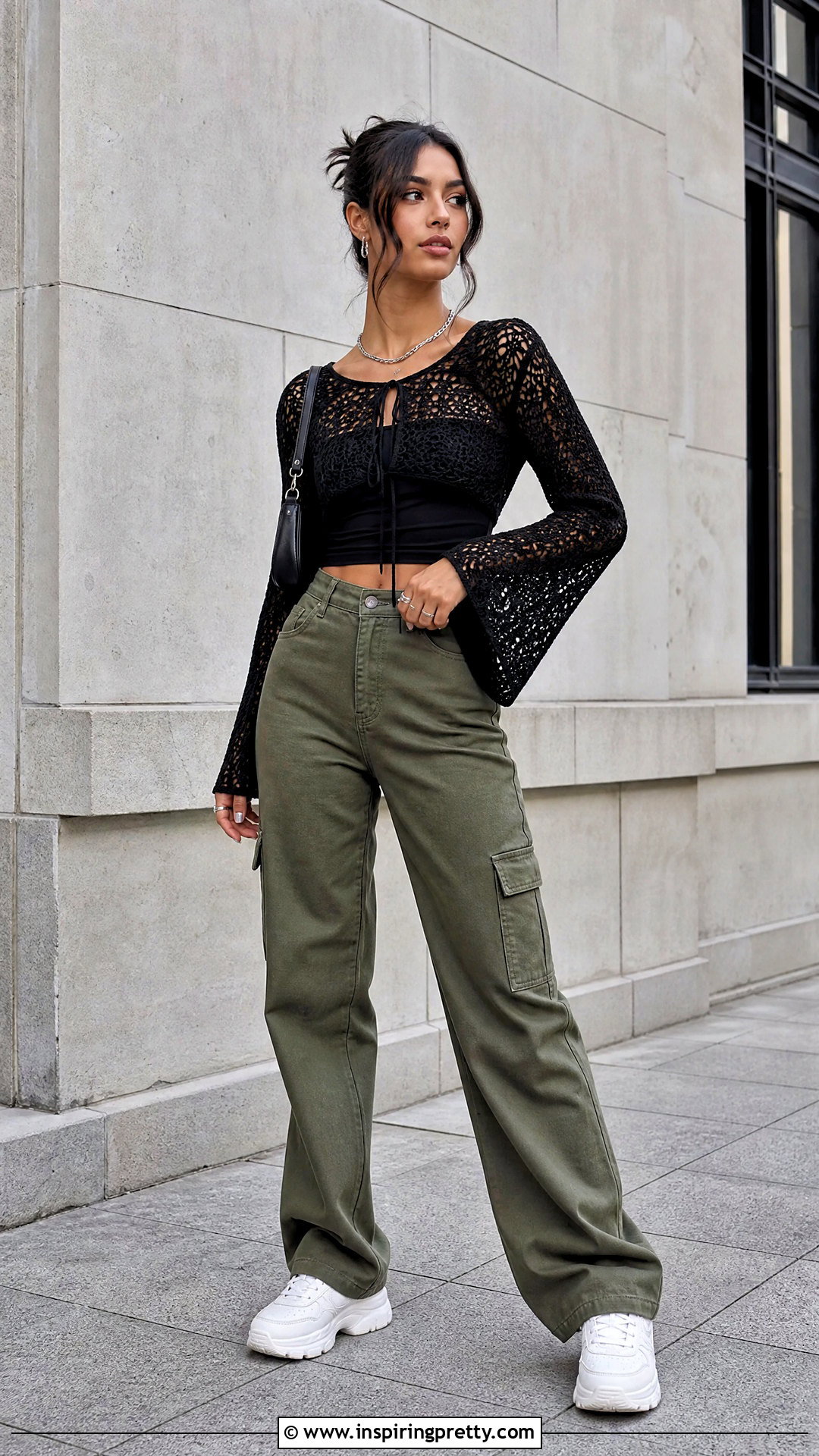 Cropped Crochet Top With Flare Sleeves And Cargo Pants - 25 Crochet Top With Flare Sleeves
