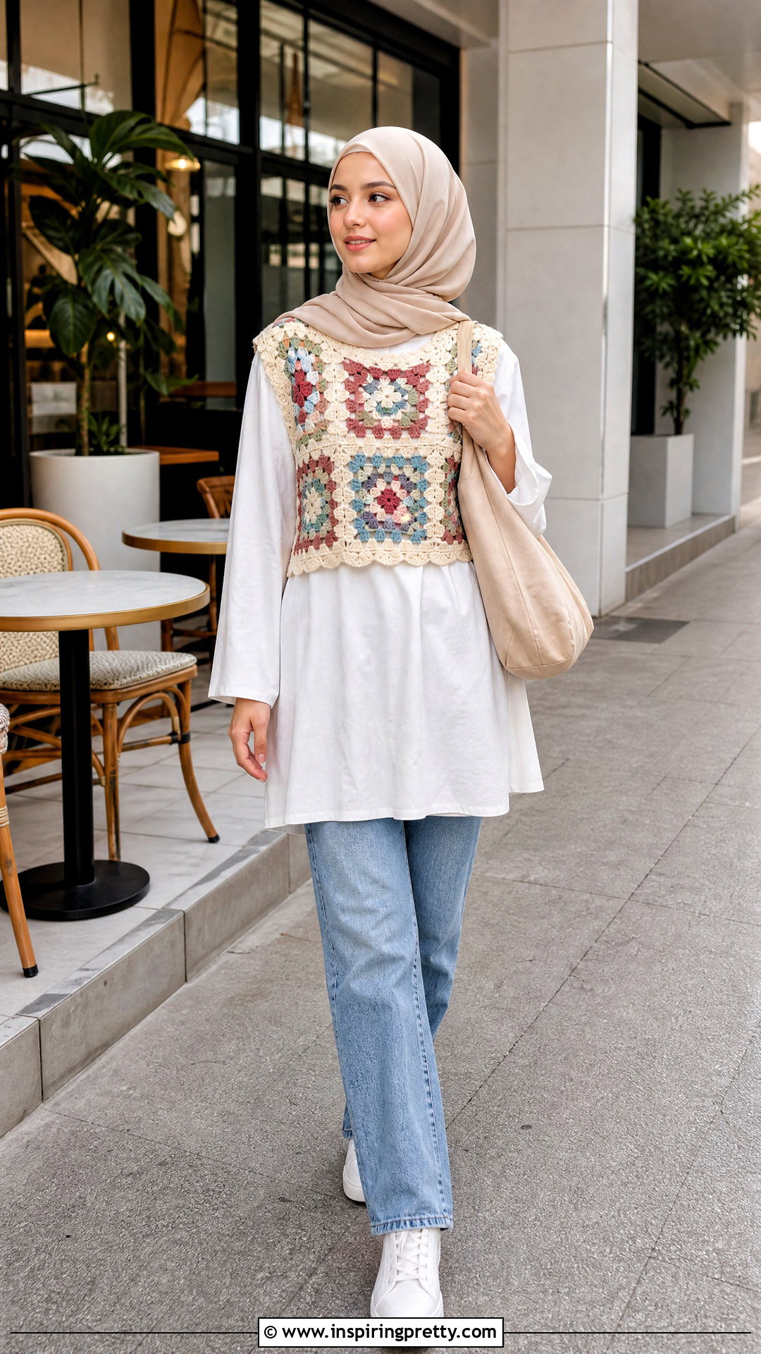 Cropped Crochet Vest With A Long Tunic - 25 crochet top hijabi outfit ideas