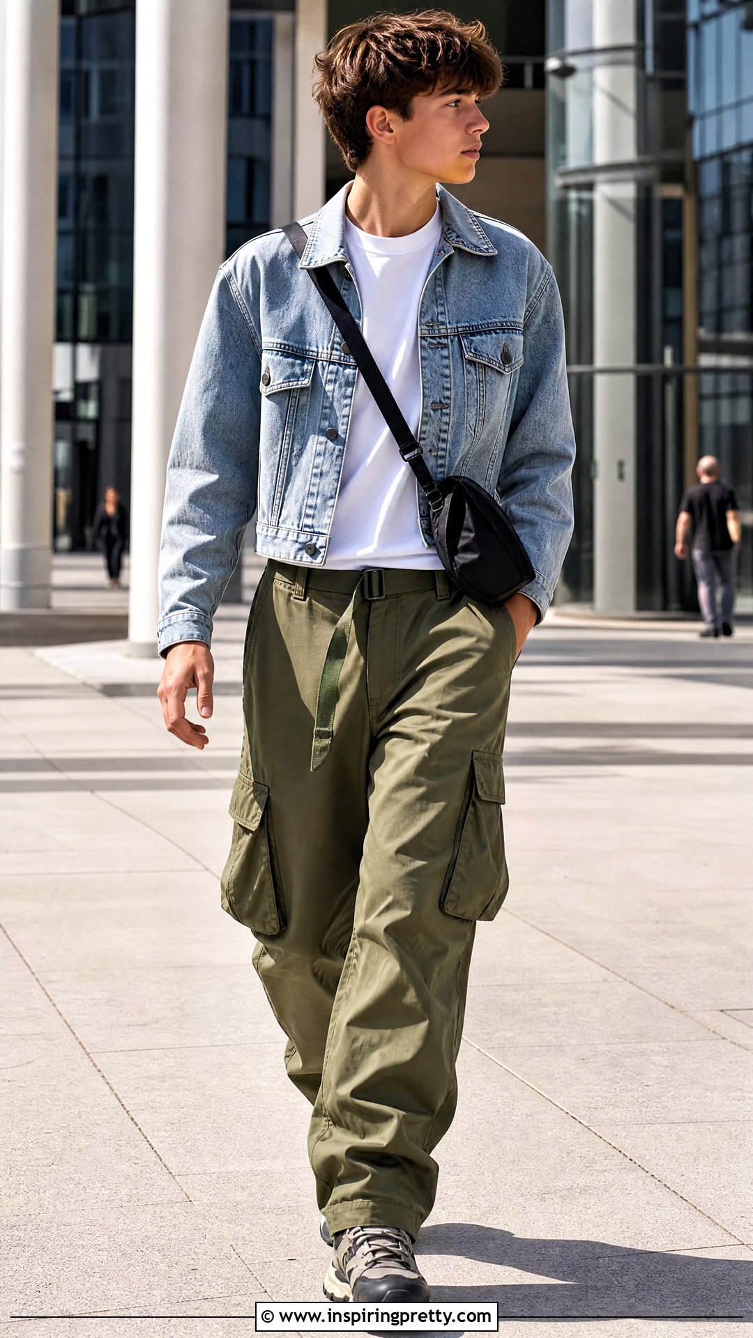 Cropped Denim Jacket With Cargo Pants - 50 boys in crop tops outfit ideas