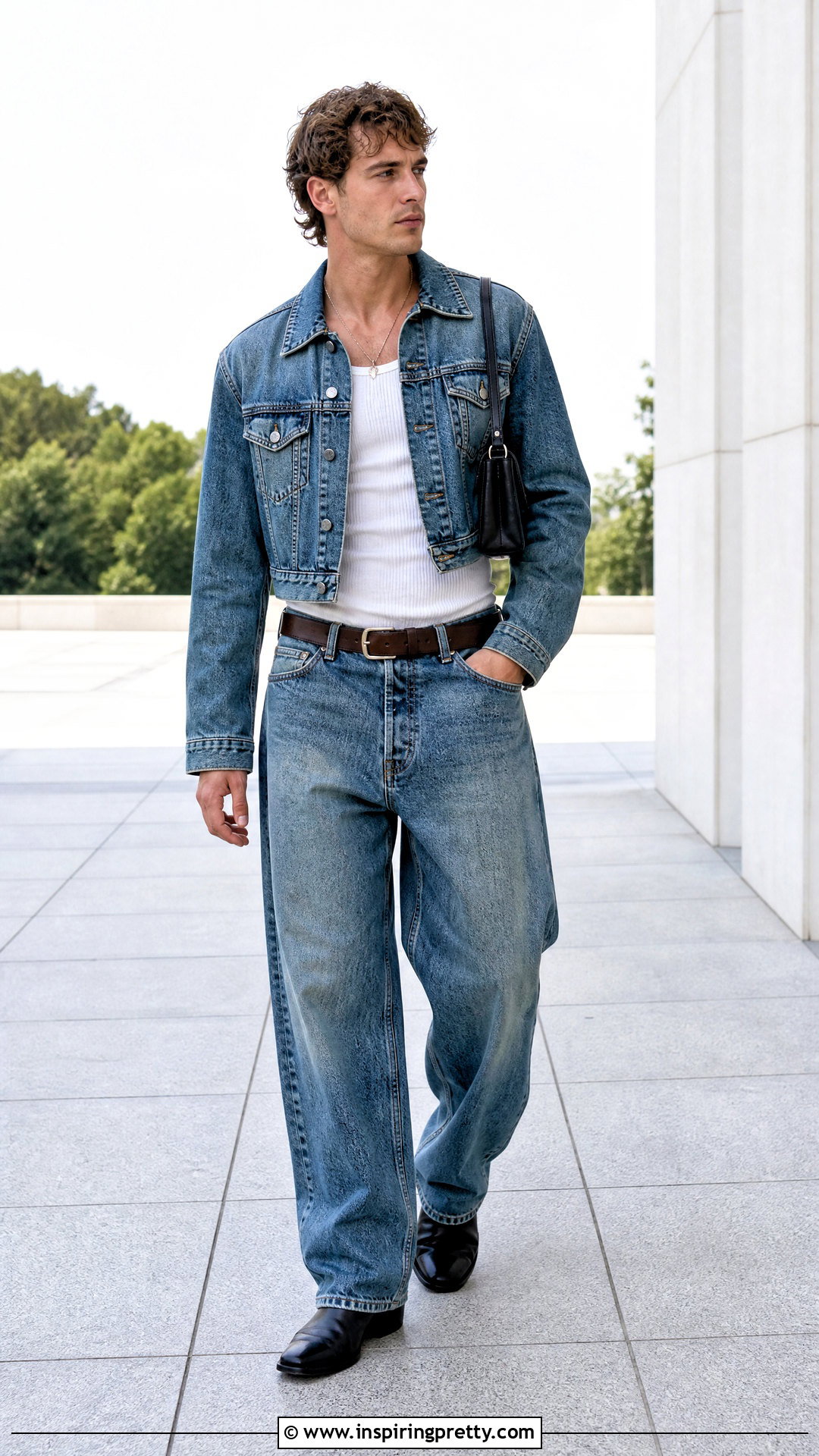 Cropped Denim Jacket With Loose Jeans - 50 male crop top outfits