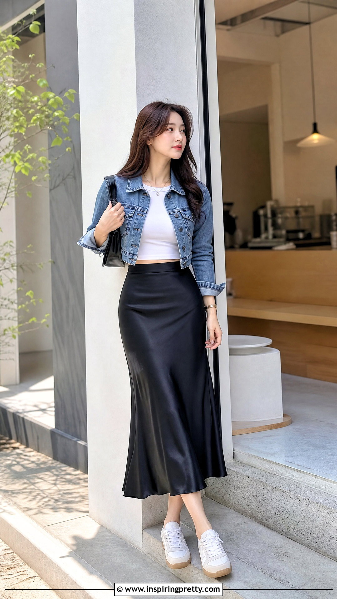 Cropped Denim Jacket With Slip Skirt Outfit - 50 crop top outfits korean styles