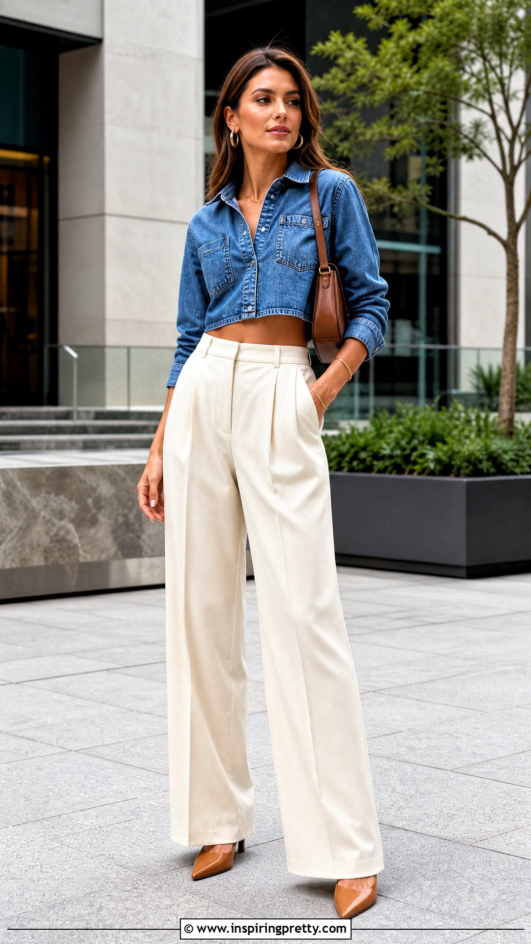 Cropped Denim Shirt With Wide Leg Pants Outfit - 50 denim tops outfit ideas for women