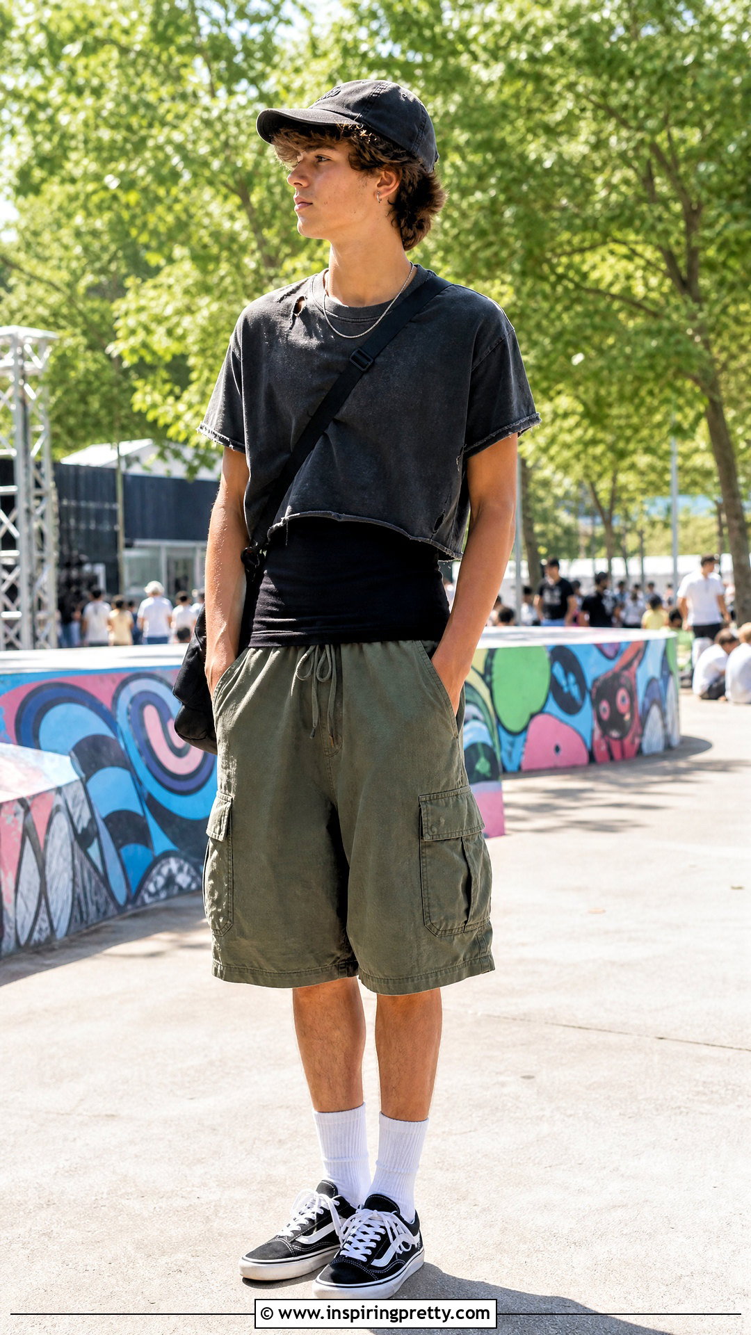 Cropped Distressed Tee With Cargo Shorts - 50 boys in crop tops outfit ideas